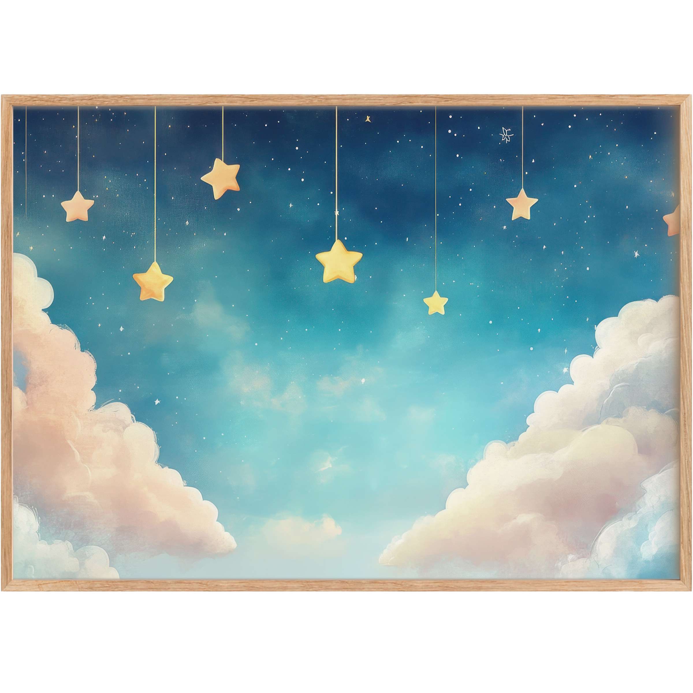 Dreamlike nursery printable wall art with soft golden stars and gentle clouds, creating a serene and whimsical atmosphere