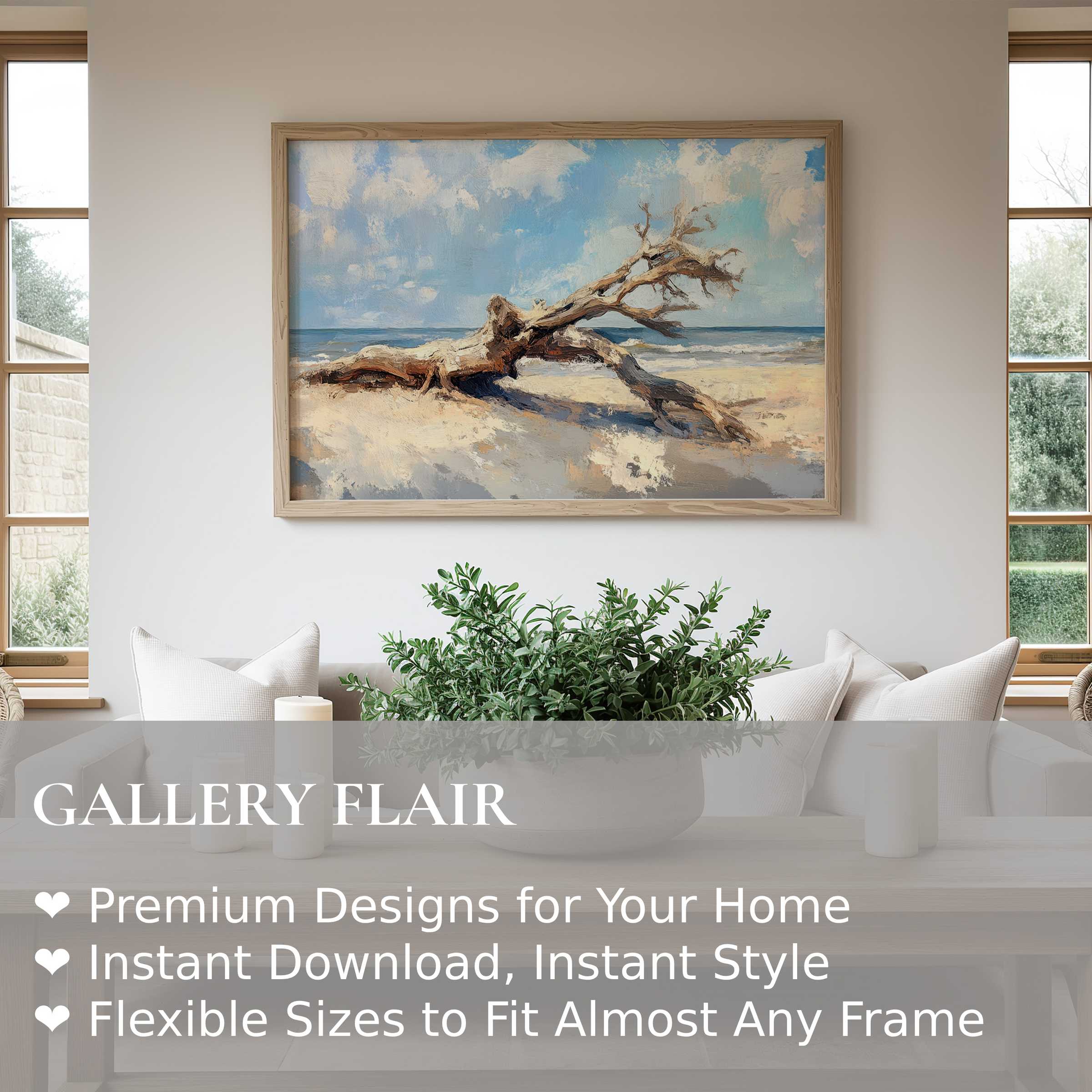 Tree wall art print of a serene driftwood on a sunlit beach, enhancing modern minimalist interiors with calming coastal elegance