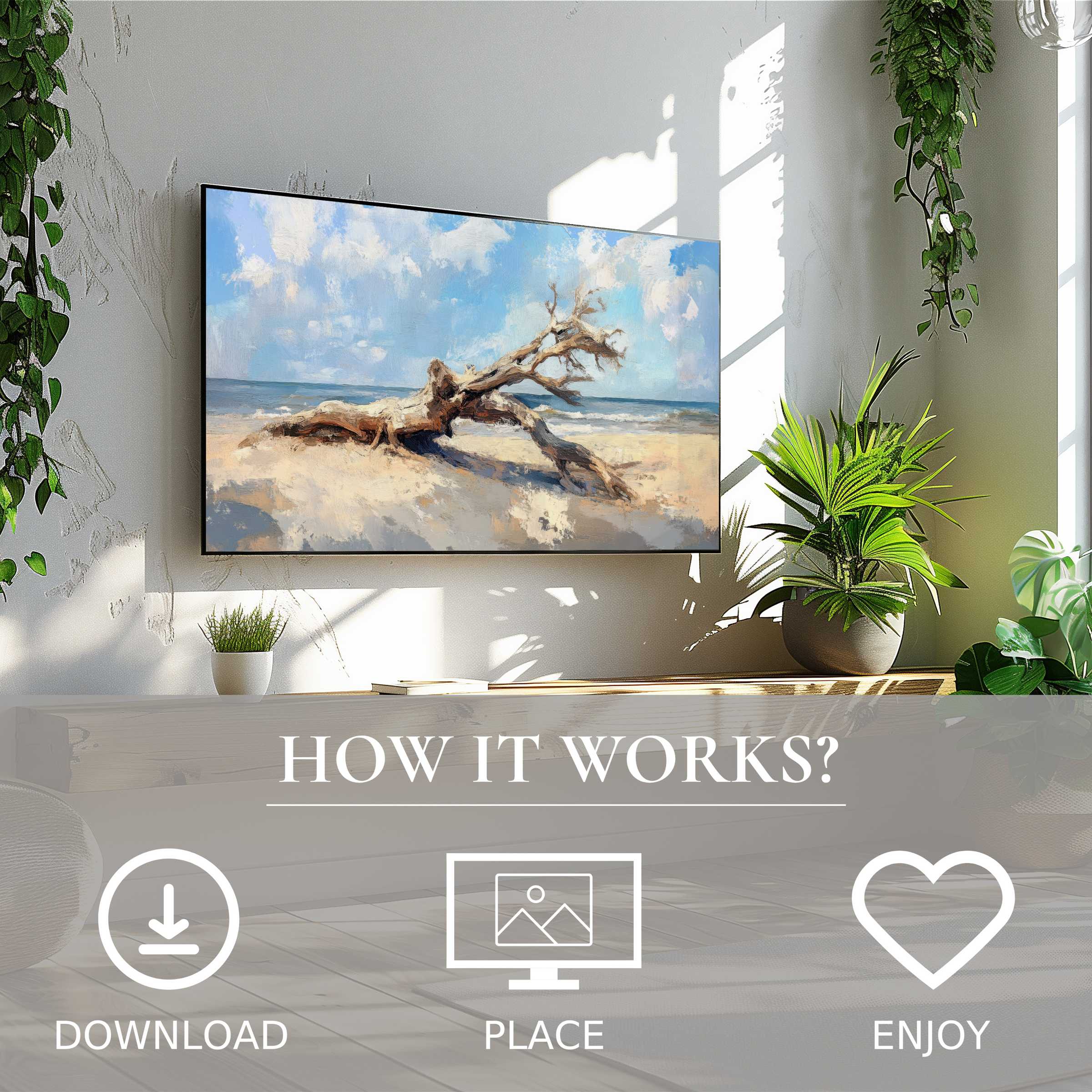 Tree art for Samsung TV shows soft beach tones; easy digital download enriches stylish, plant-filled living spaces