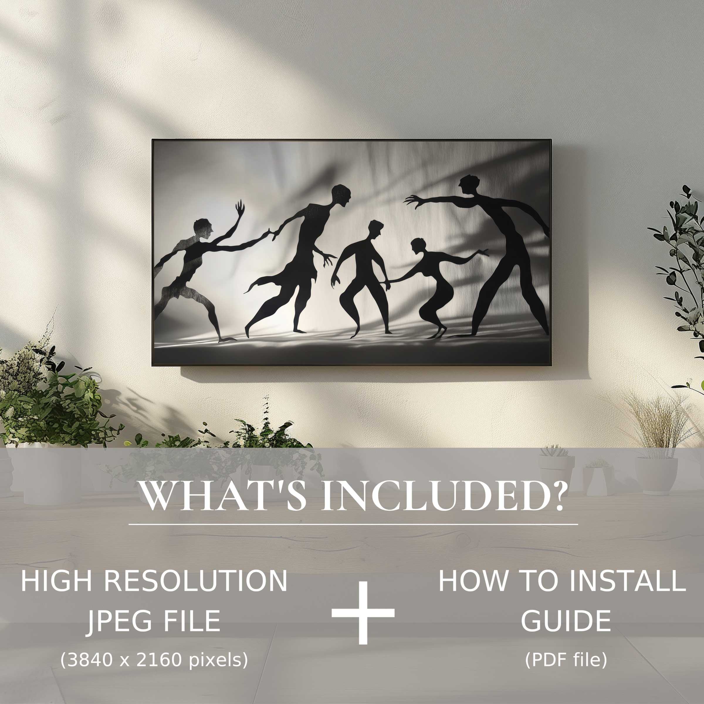 Elegant black and white digital TV art download, enhances modern living spaces with easy digital use and striking design