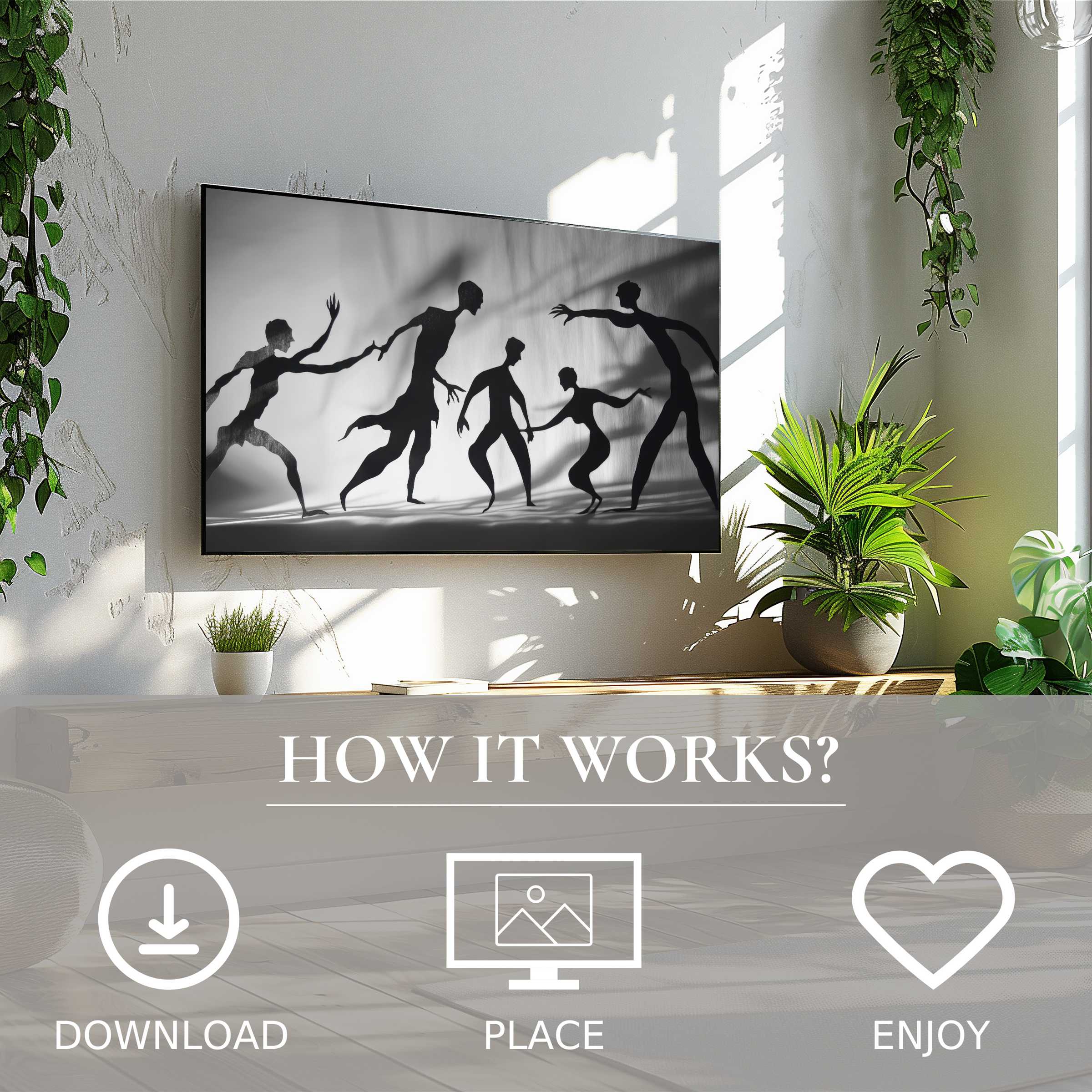Black and white art for Samsung TV featuring abstract shadow figures, easy digital download enhances modern living spaces