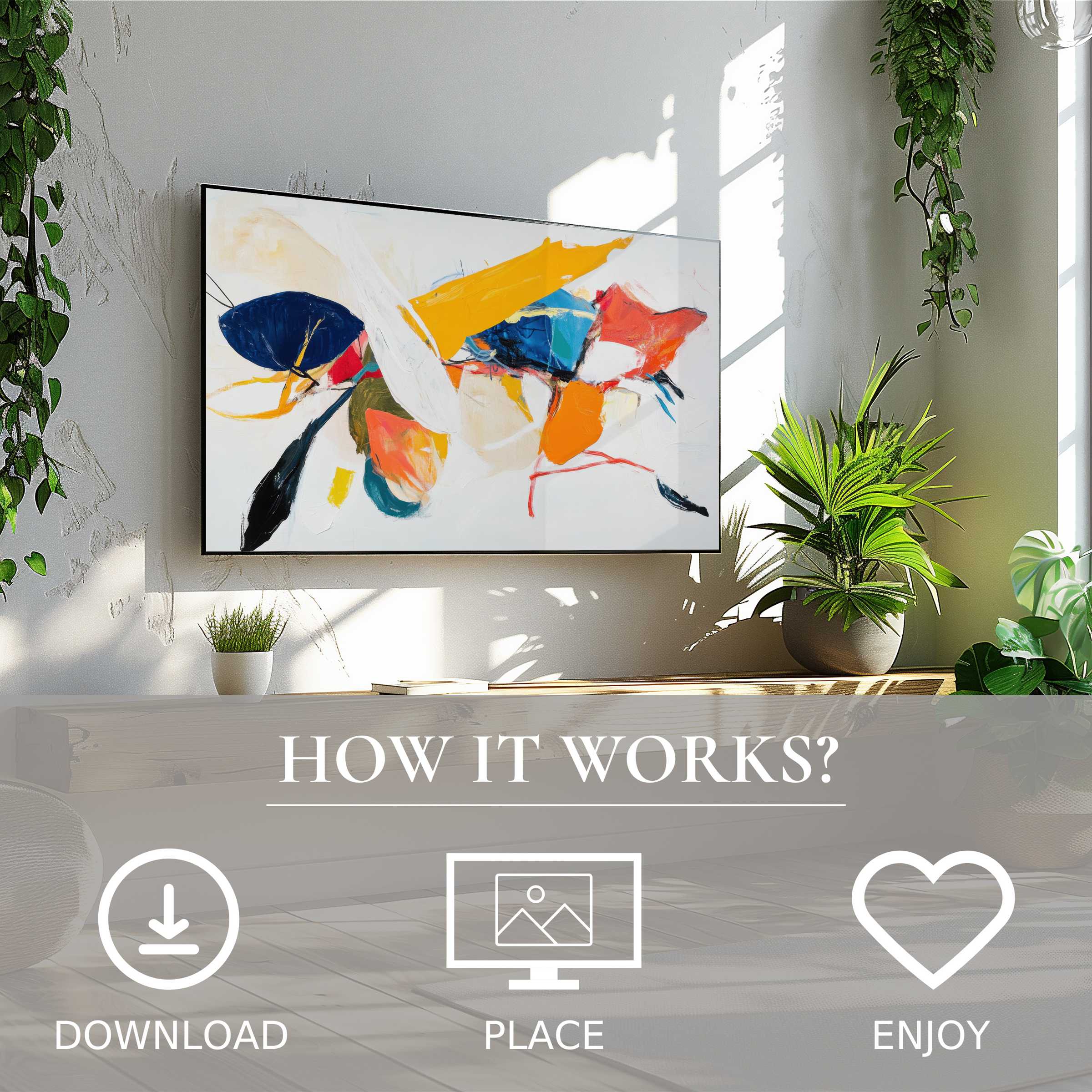 Modern living room with abstract art for Samsung TV in bold color flow, easy digital download enriches your space