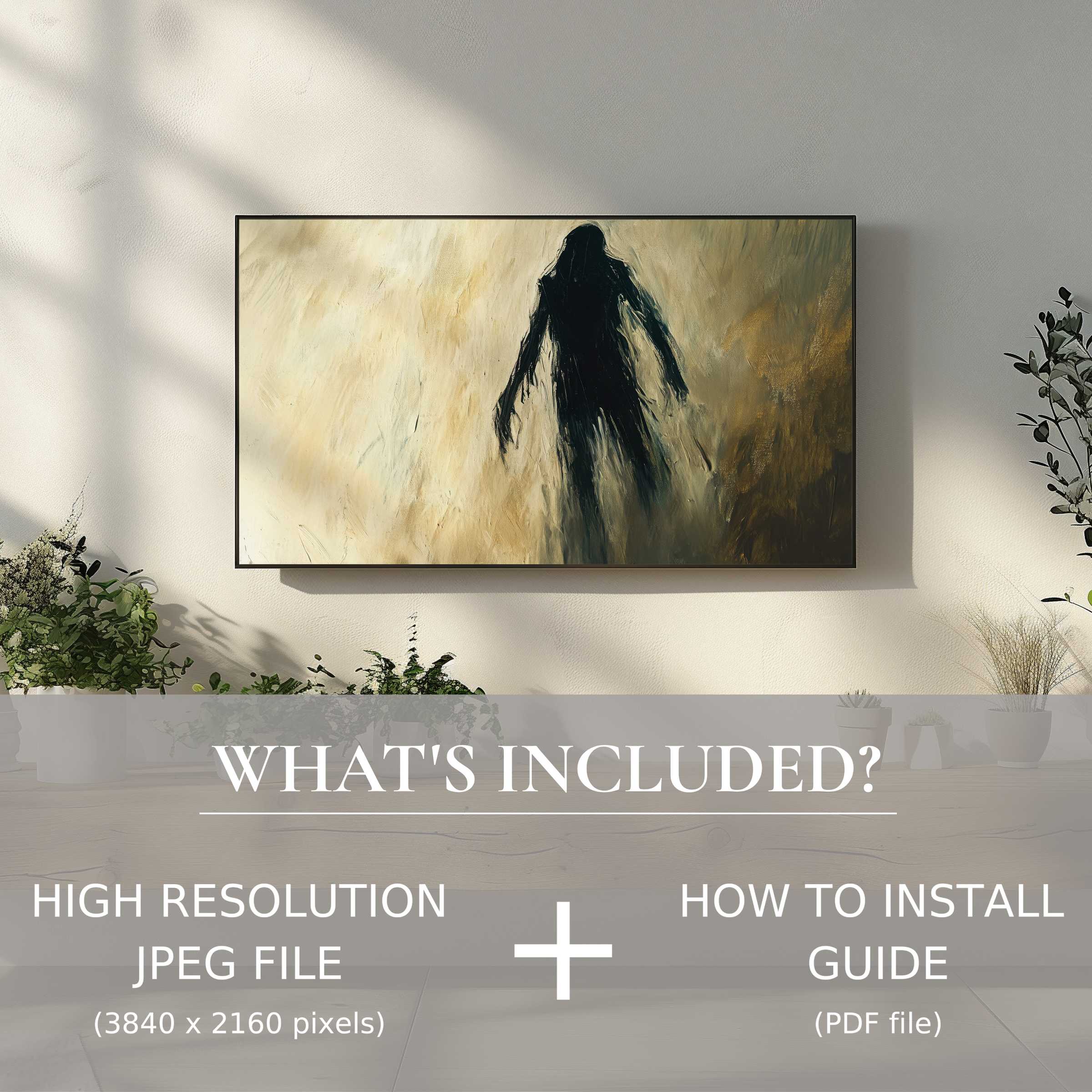 Elegant living space featuring a haunting silhouette on screen, an easy Halloween digital TV art download enhancing ambiance