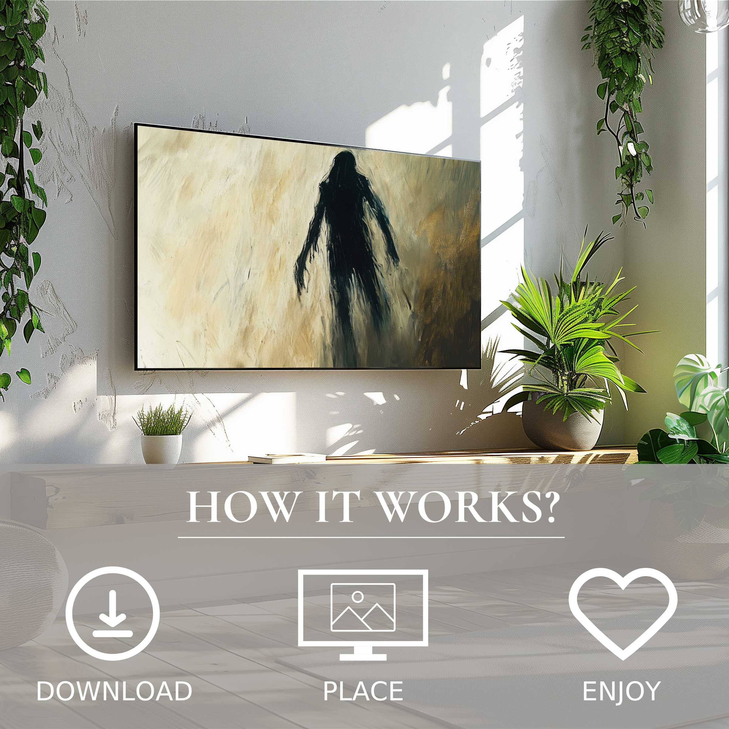 Halloween art for Samsung TV shows a dark shadow figure in smoky tones, easy digital download enriches modern spaces