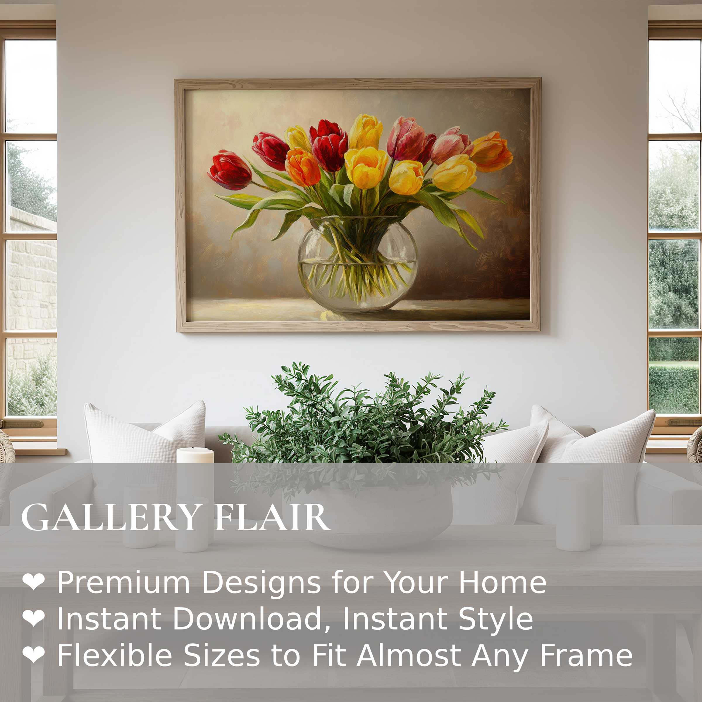 Floral wall art print featuring vibrant tulips in a glass vase, radiating warmth and elegance in a serene modern living room