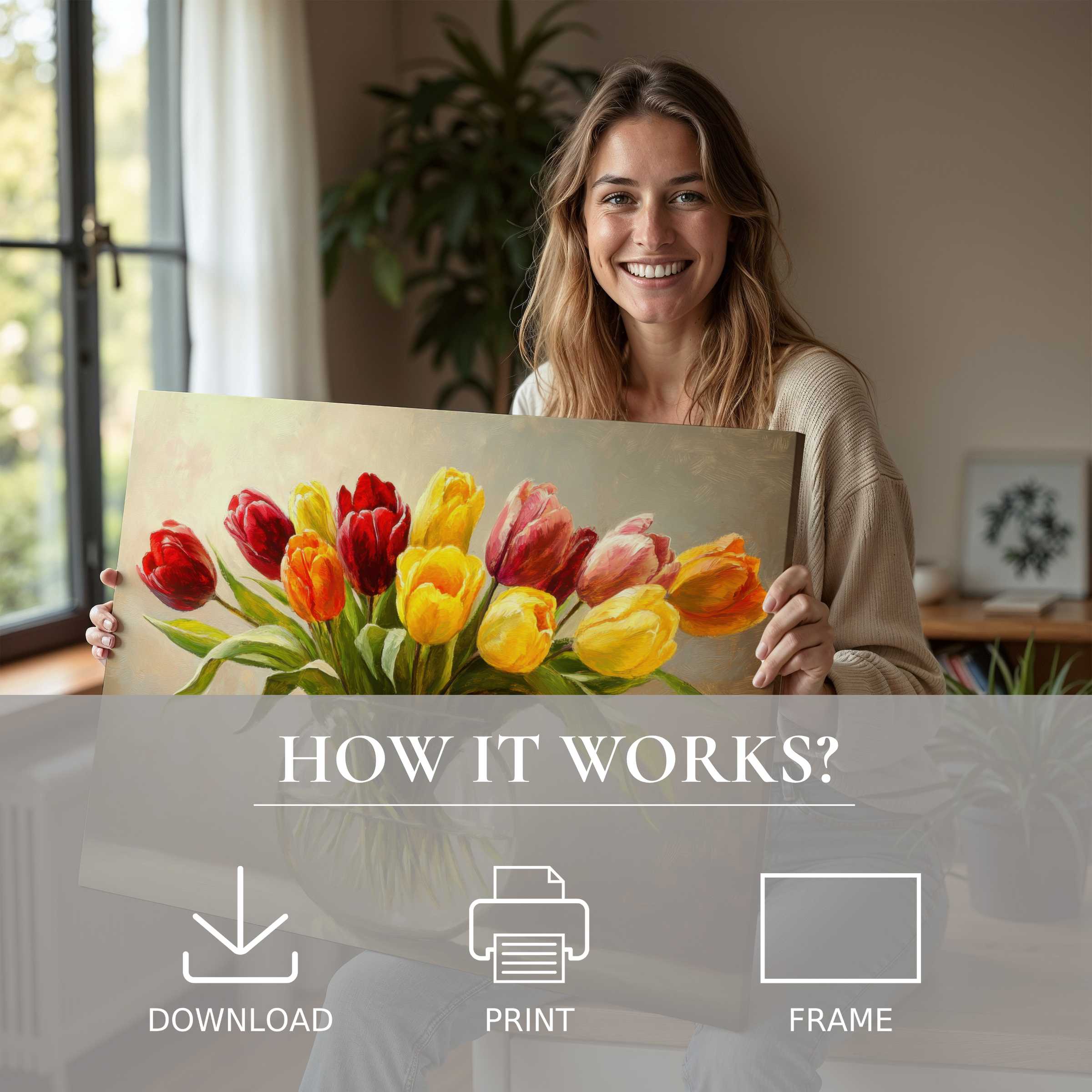 Radiant floral digital art print in a sunlit modern home, capturing joy and effortless elegance in living with art