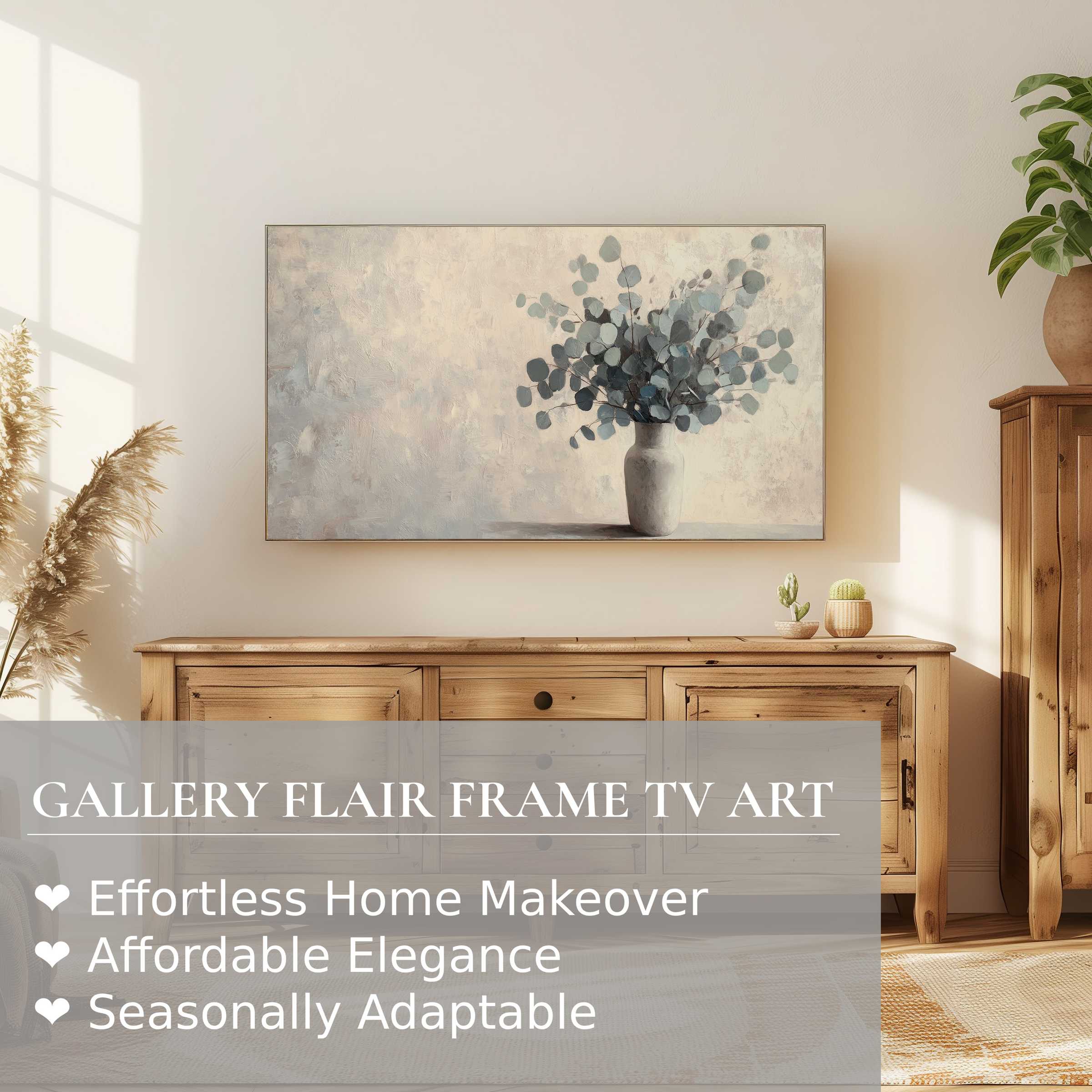 Samsung Frame TV displaying botanical digital artwork in a serene, modern living space with warm natural tones
