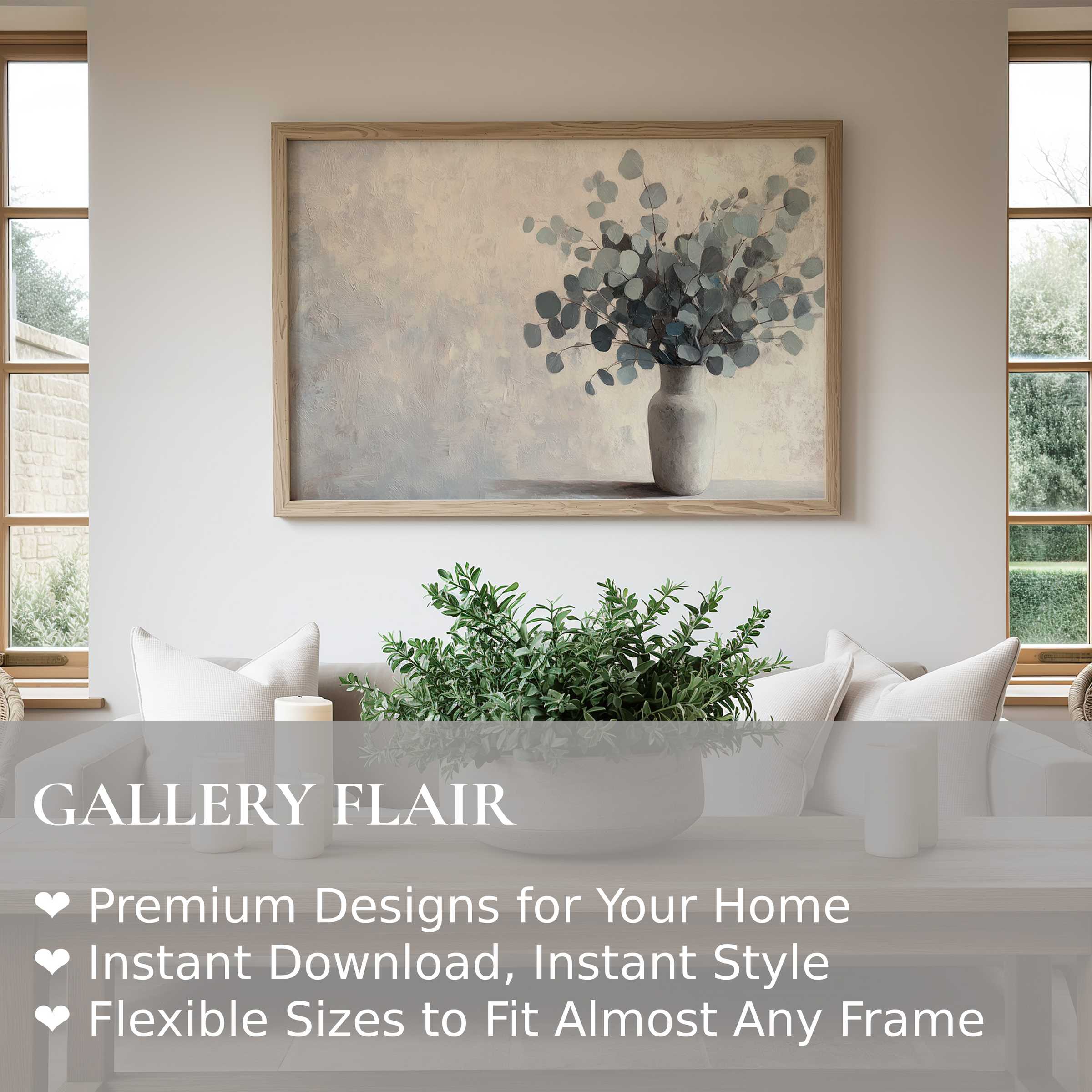 Botanical wall art print featuring soft eucalyptus tones in a textured vase, enhancing a serene modern farmhouse living room