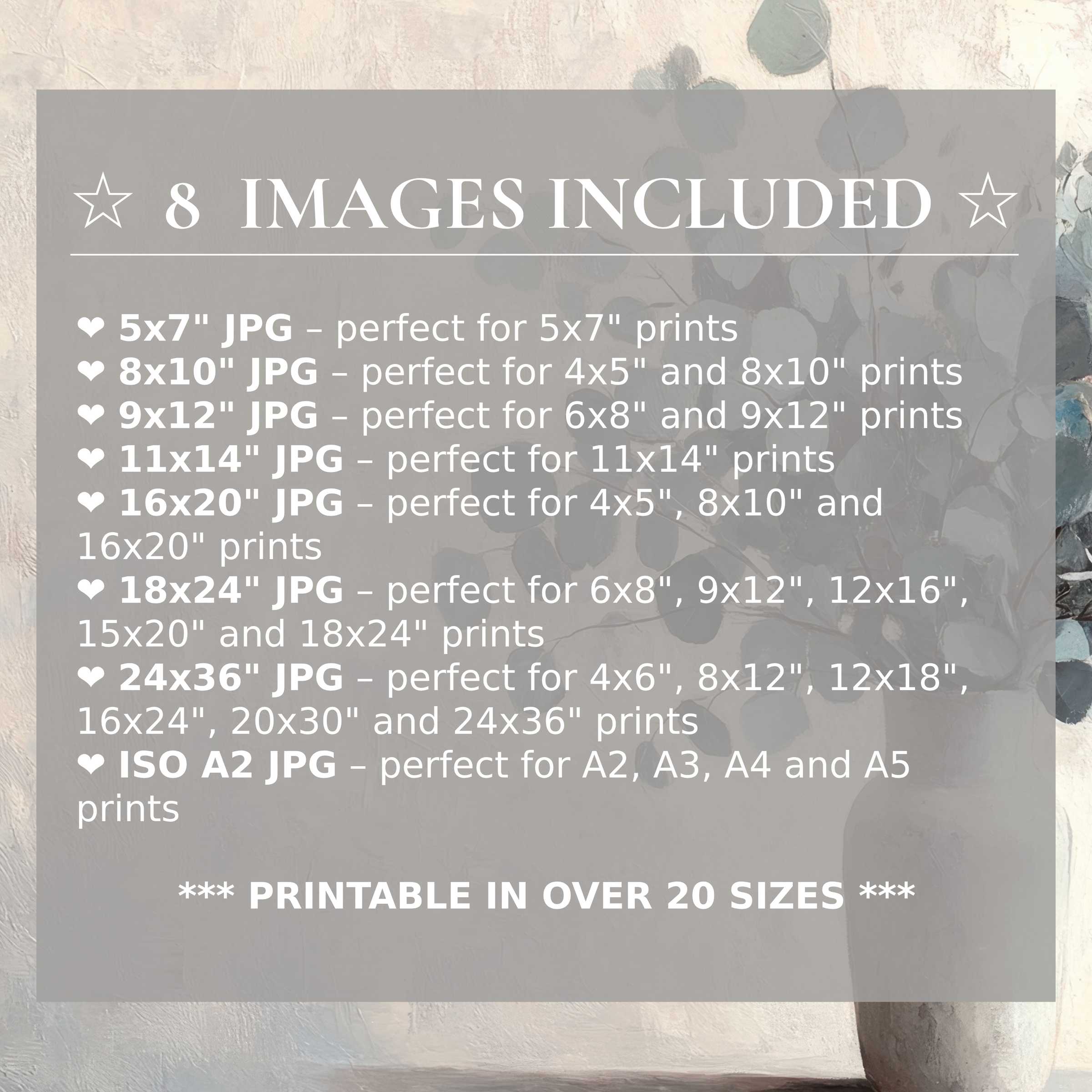Botanical digital print in serene greys and blues, radiating calm sophistication; includes 8 high-quality sizes for versatile modern decor