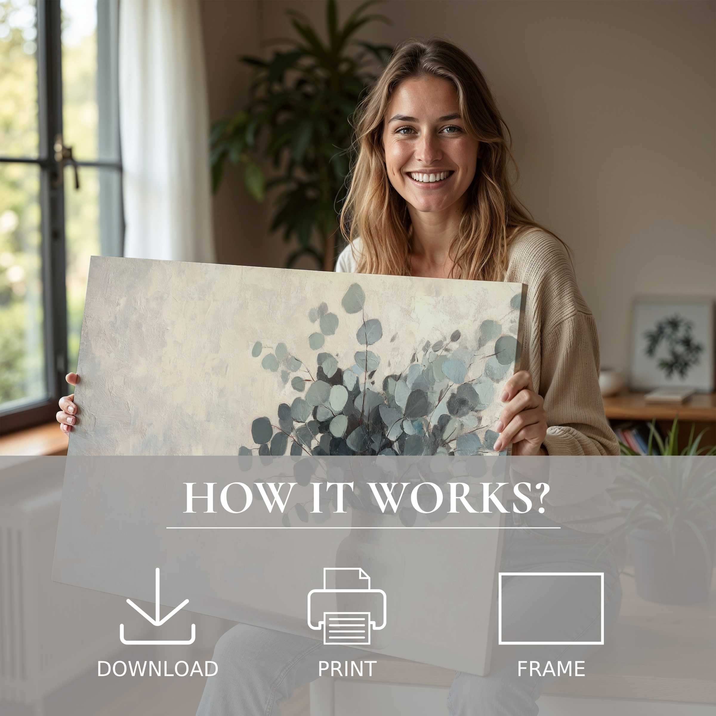 A serene moment of joyful connection with botanical digital art print, effortlessly enriching a modern home’s refined ambiance