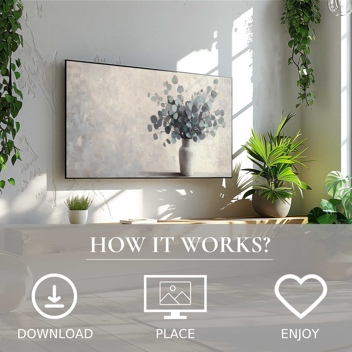 Botanical art for Samsung TV shows soft muted greens on The Frame, easy digital download, enriches modern living spaces