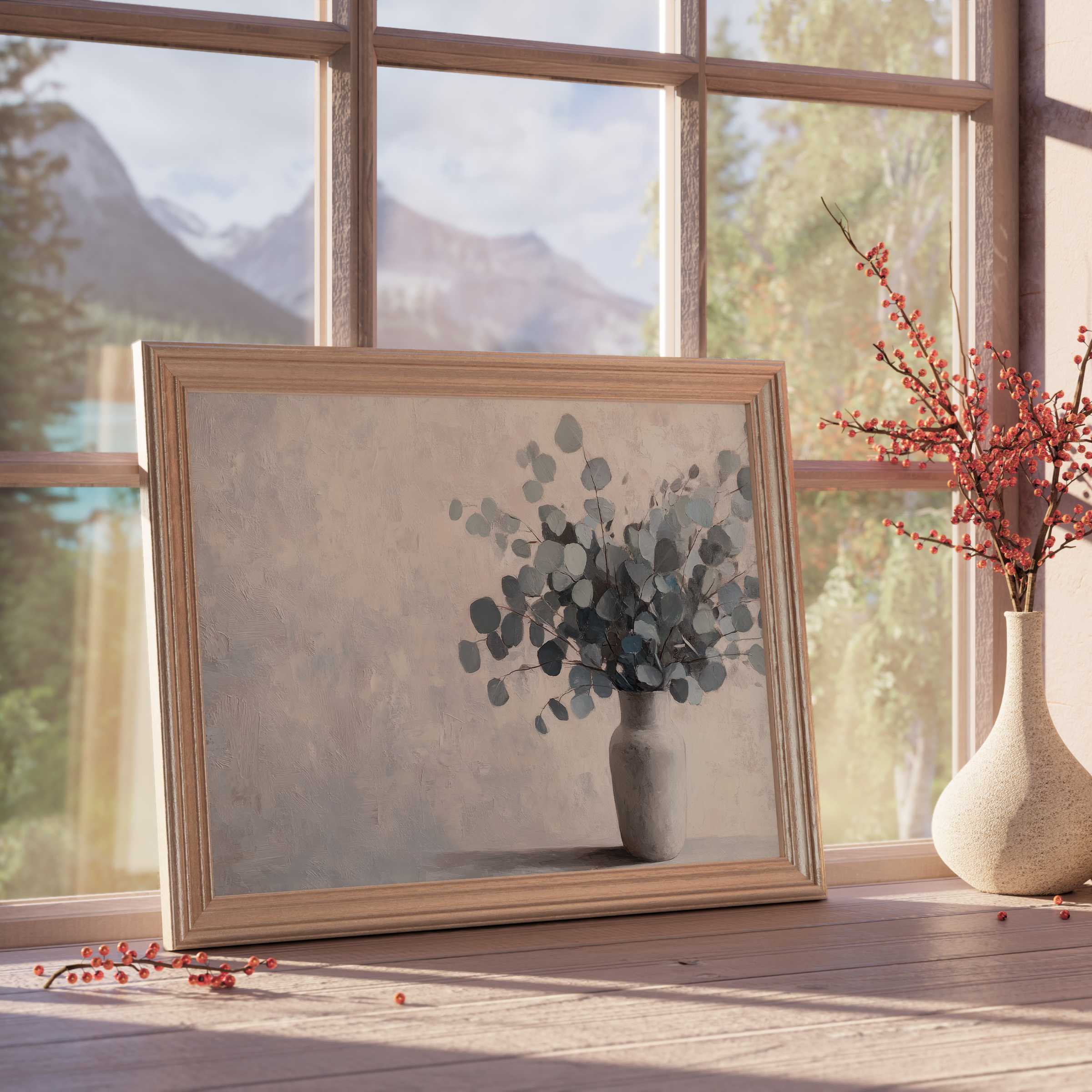 Botanical downloadable art featuring muted eucalyptus in a chic frame, infusing serene elegance and natural charm into curated interiors