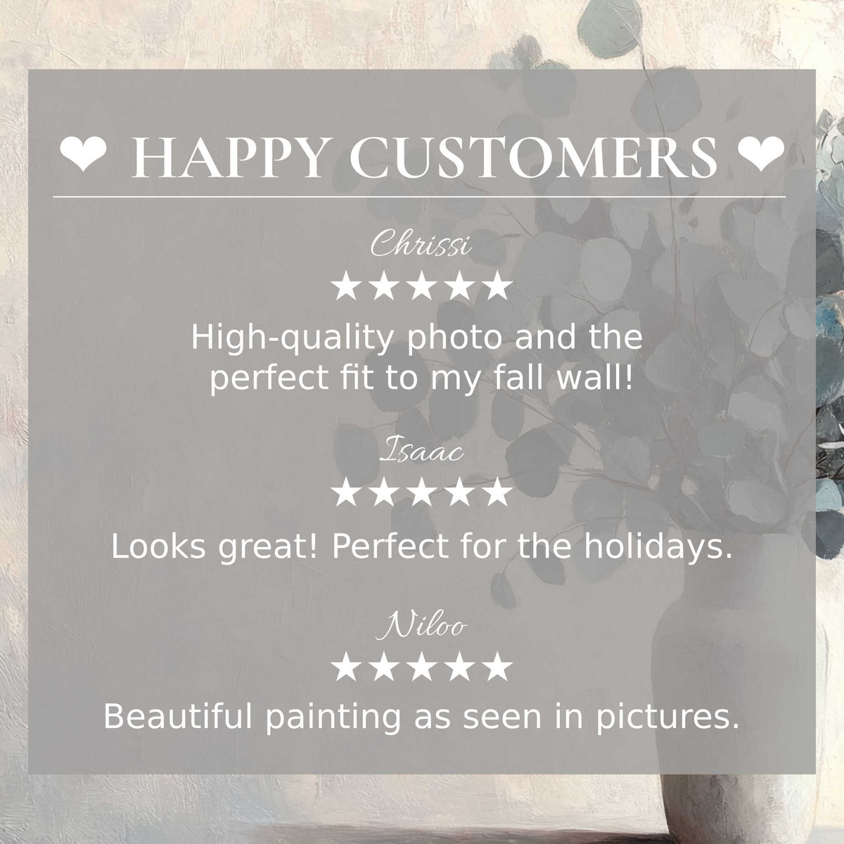 Refined botanical art for Frame TV with eucalyptus tones; happy customer reviews build trust in elegant design
