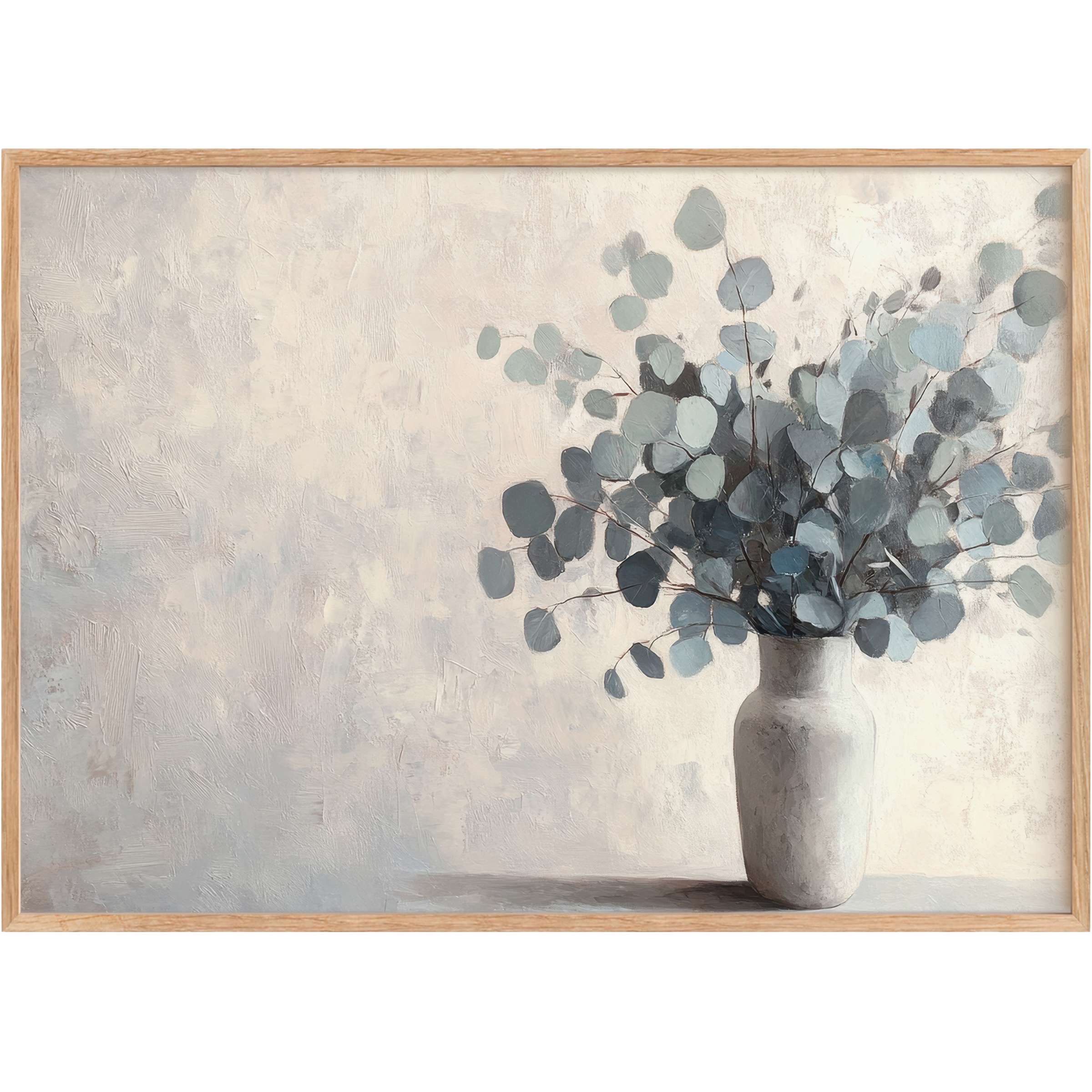 Botanical printable wall art with serene blue-gray eucalyptus leaves in a soft, textured vase, creating a calming, elegant ambiance