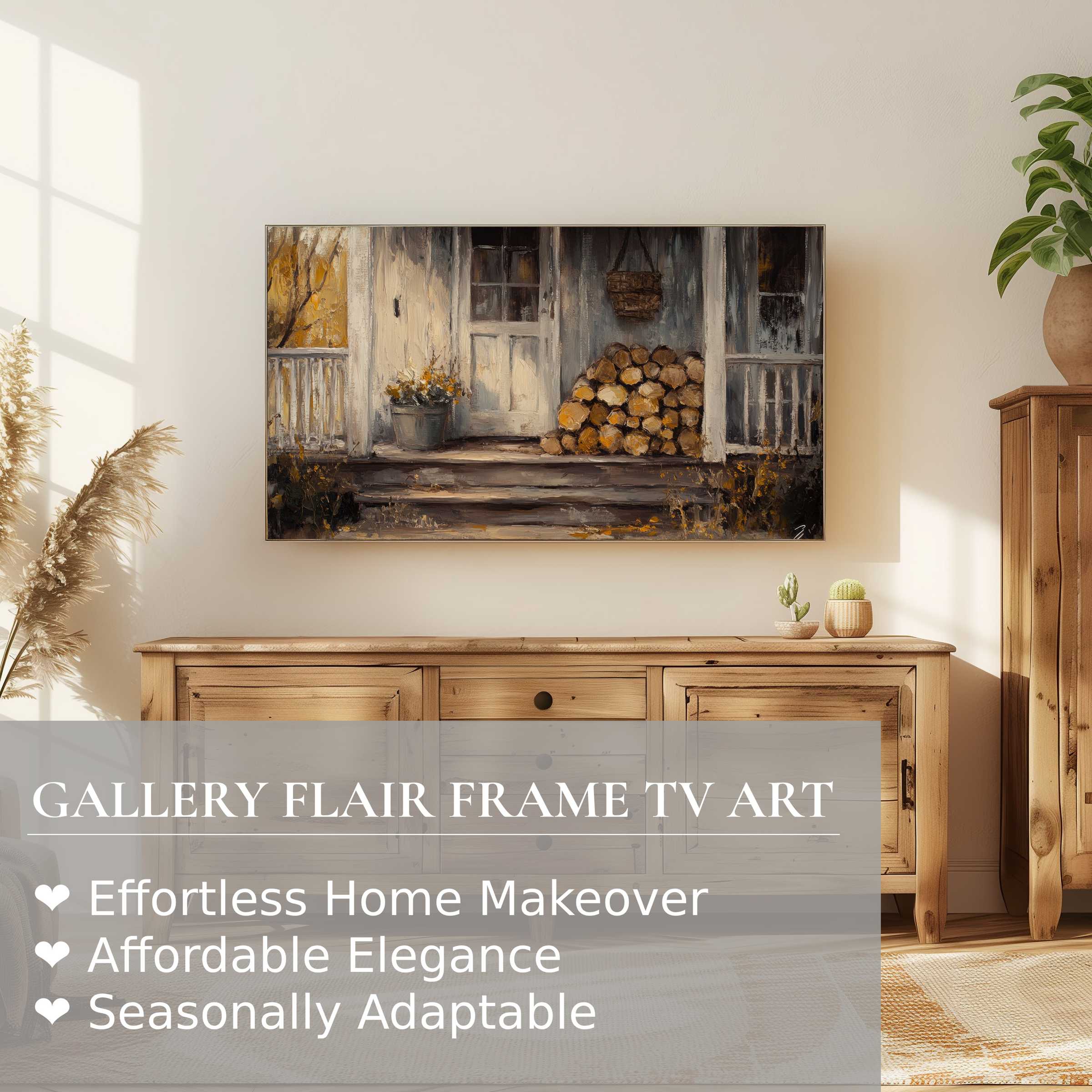 Samsung Frame TV displays refined farmhouse digital artwork in a warm, elegant rustic living space