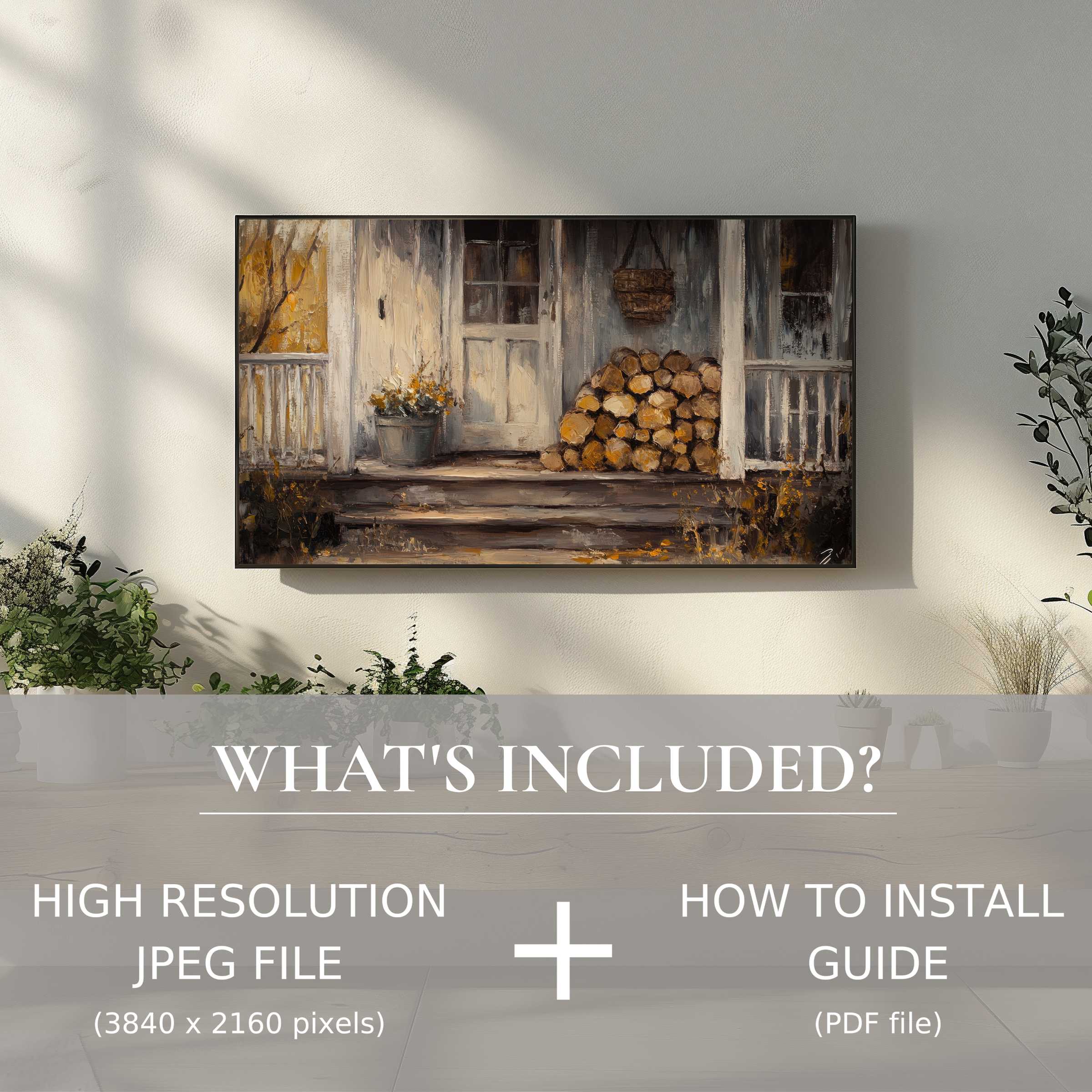 Farmhouse digital TV art download, easy to use, elevates living spaces with elegant rustic charm and modern style