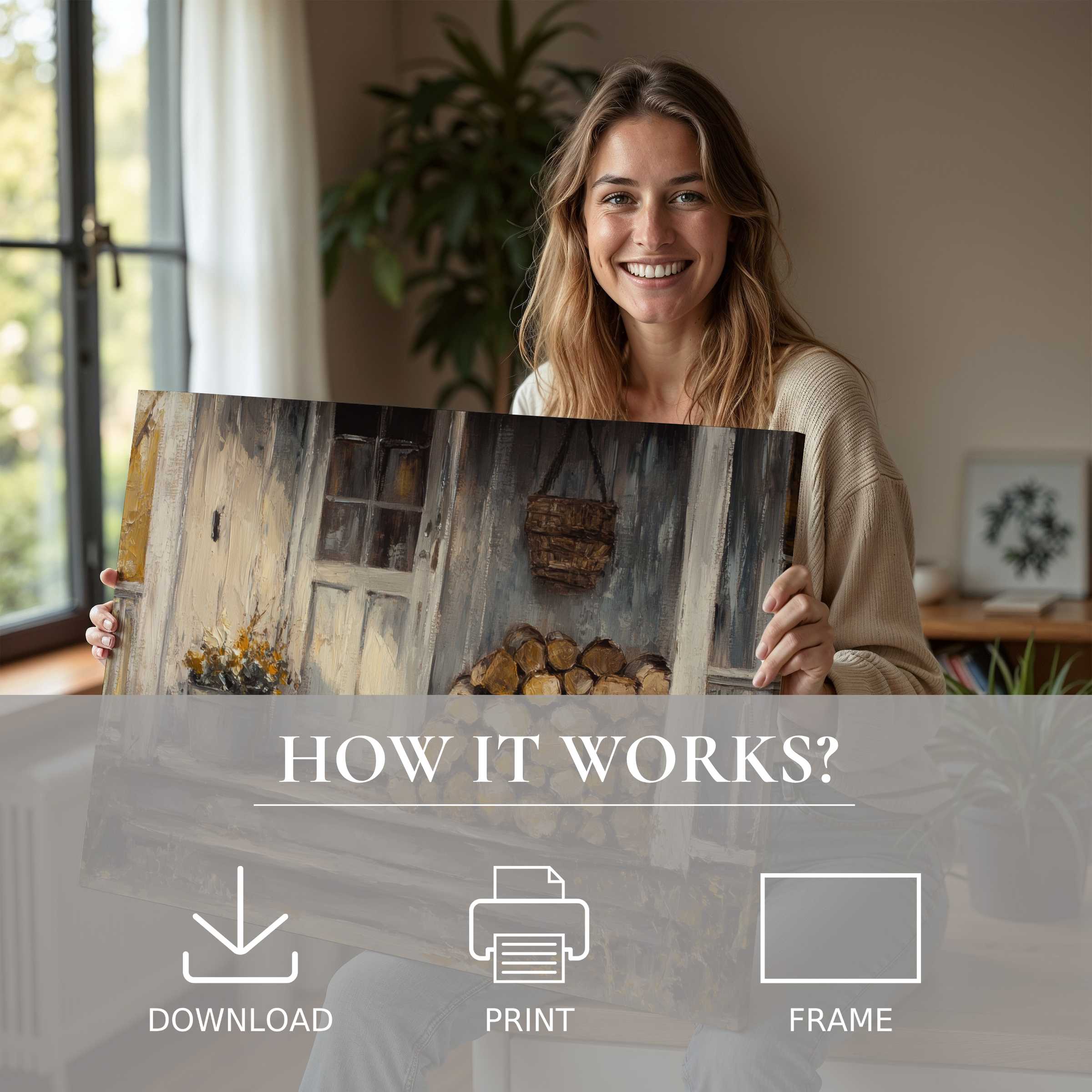 Smiling woman warmly embraces a farmhouse digital art print in a sunlit, elegant home, celebrating art’s gentle joy