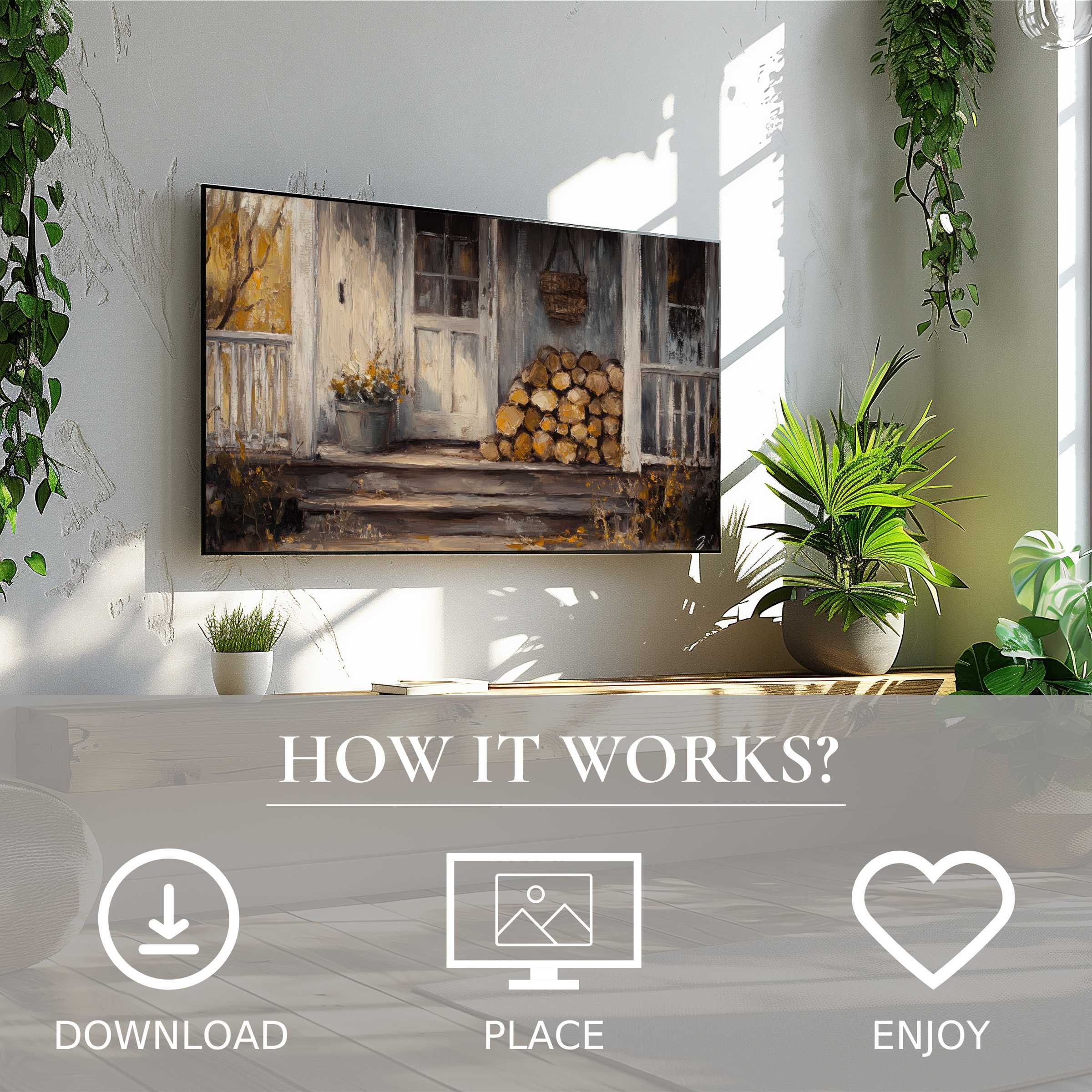 Farmhouse art for Samsung TV shows warm wood tones in rustic porch scene; easy digital download enriches modern living spaces