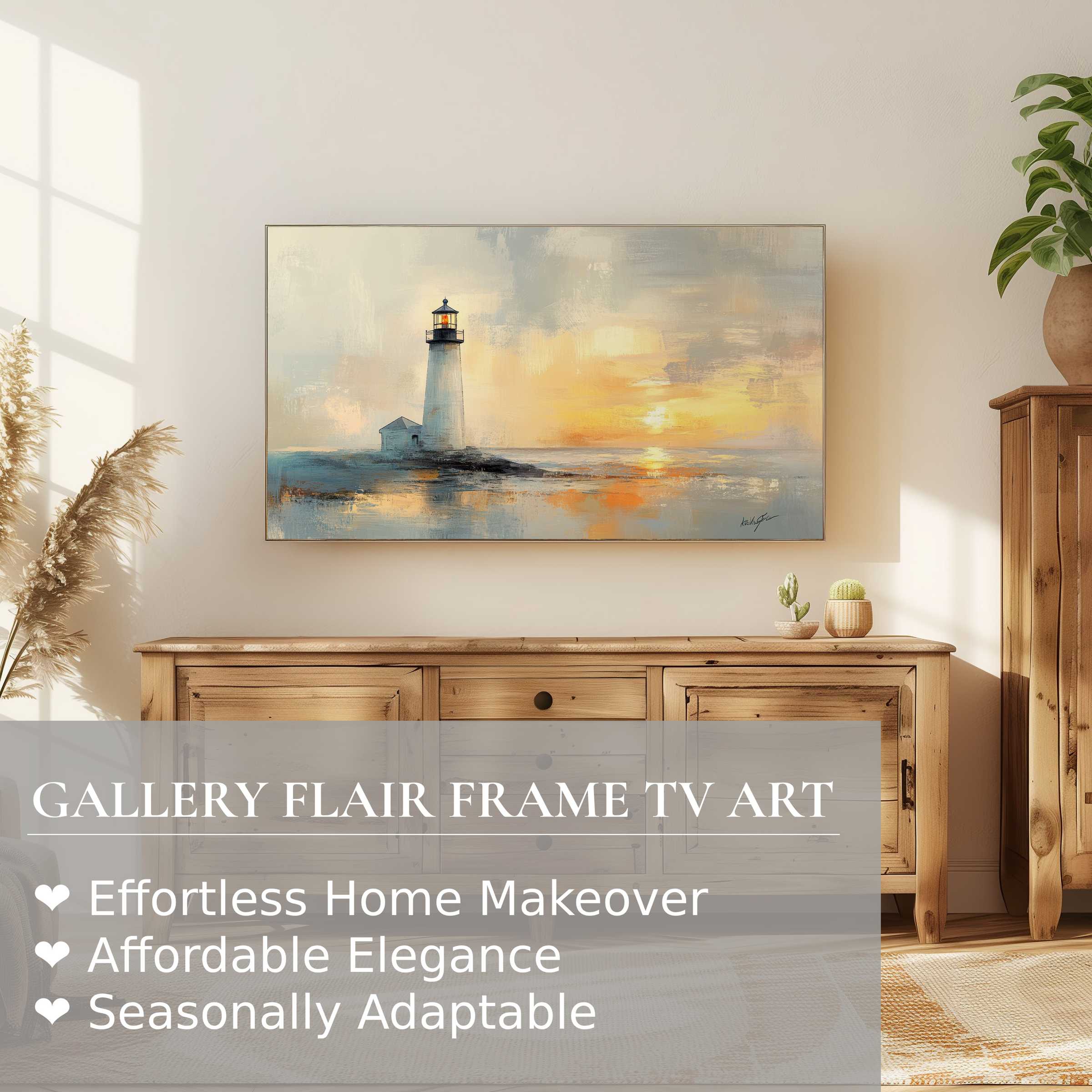 Samsung Frame TV displays serene coastal digital artwork with a modern, elegant living room setting