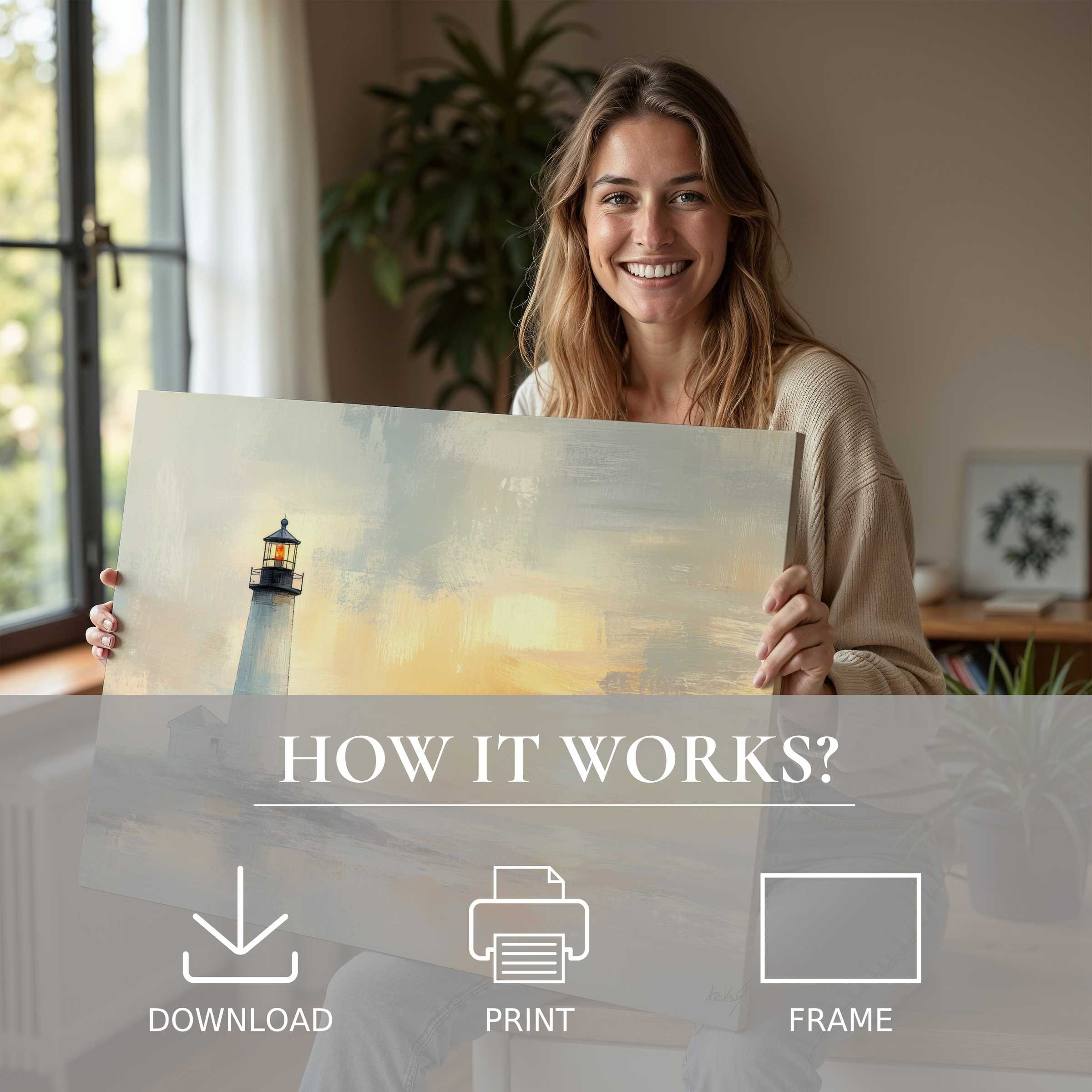 Coastal digital art print radiates calm, as a woman in a chic home embraces the joy of effortless art living