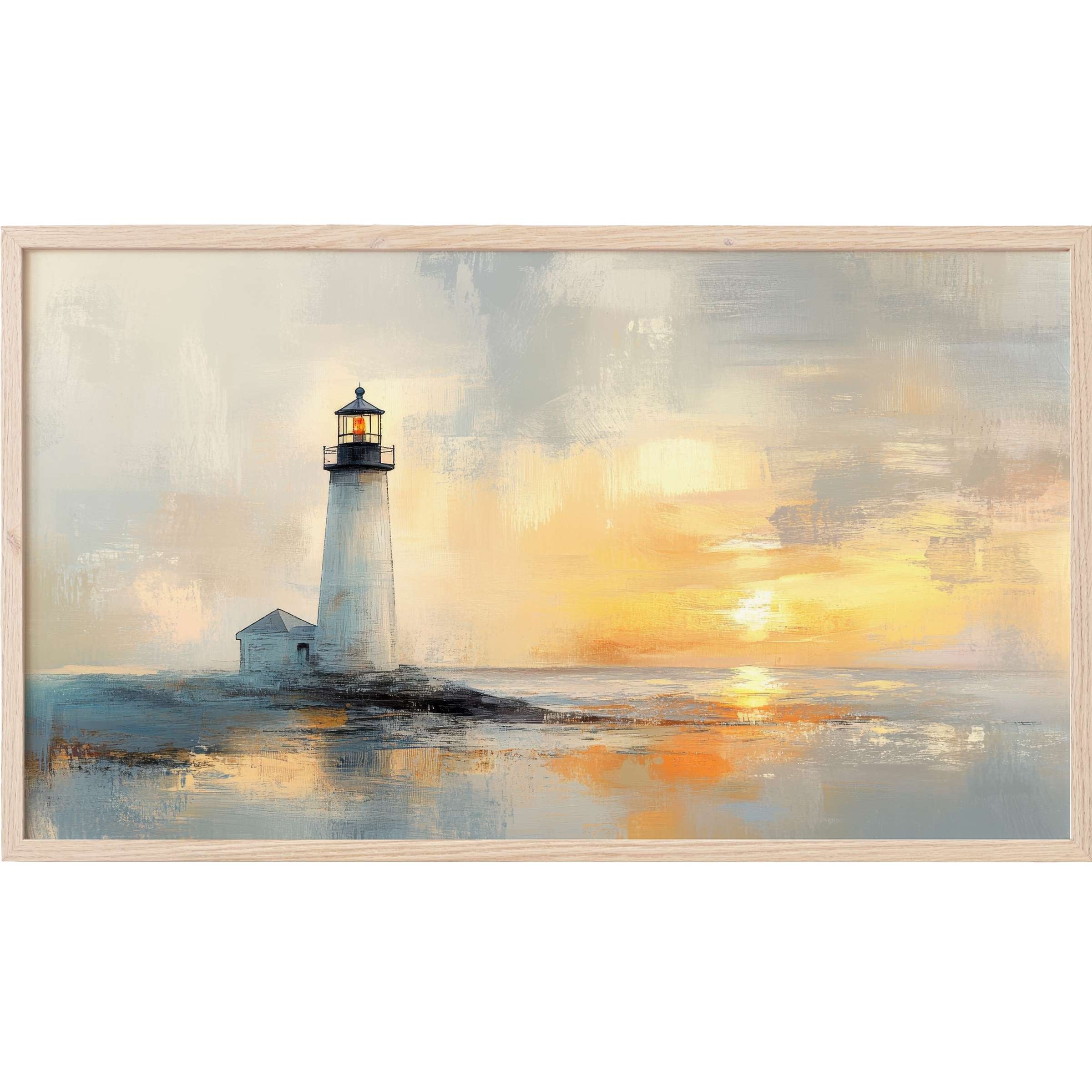 Coastal Frame TV Art depicting a serene lighthouse at sunset with soft blues, grays, and warm golden hues