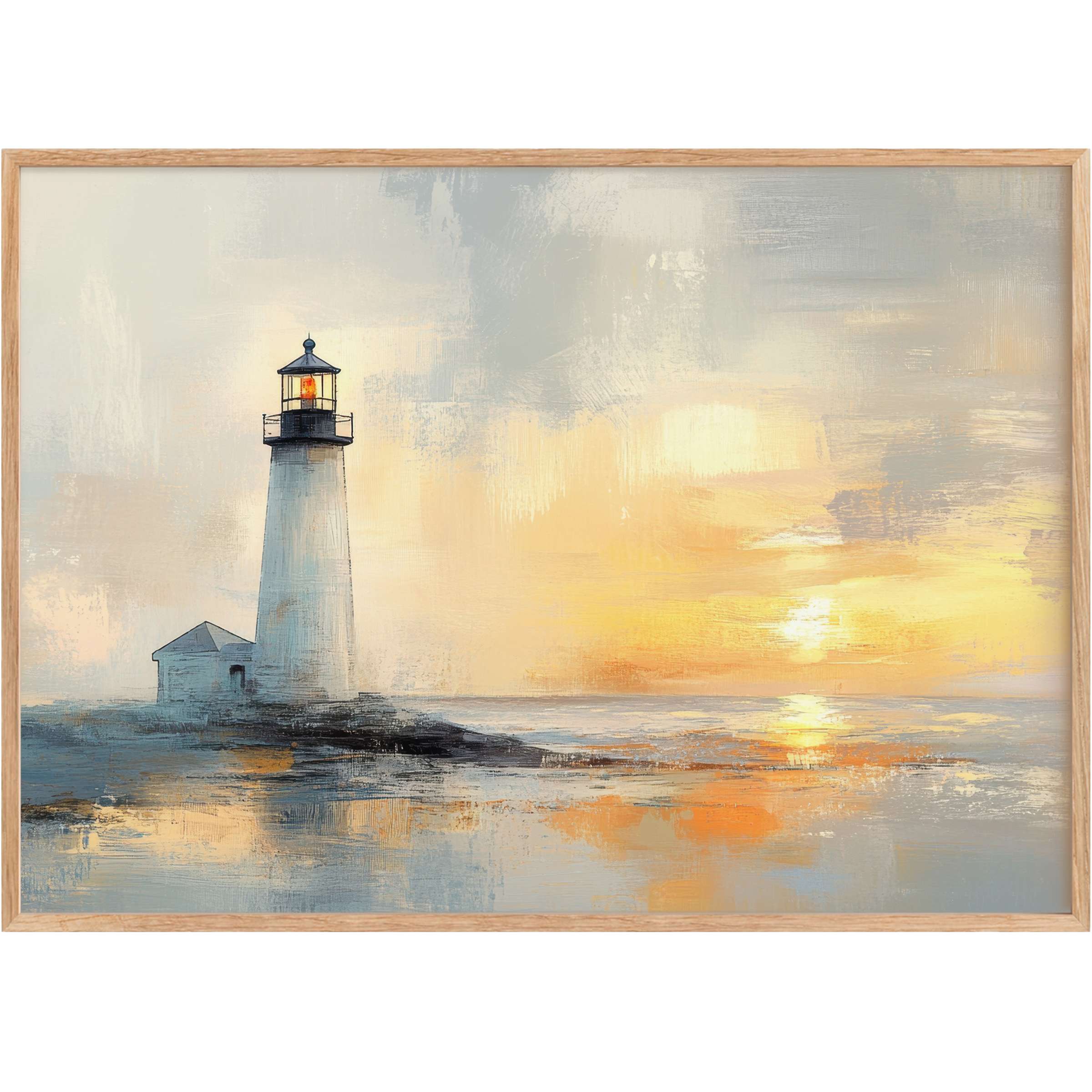 Coastal printable wall art featuring a serene lighthouse at sunset, blending soft blues and warm golds for a calming, elegant ambiance