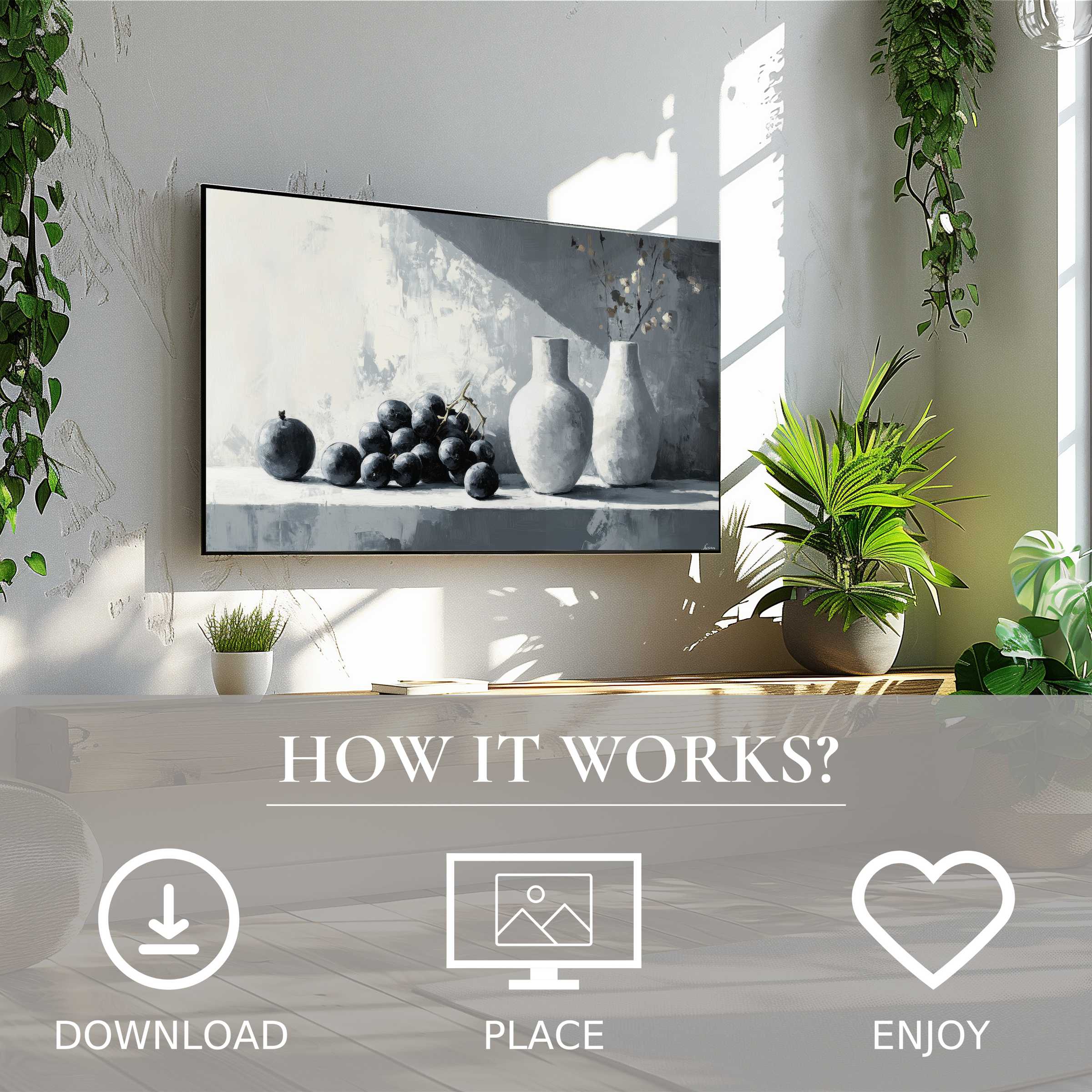 Modern living room with neutral art for Samsung TV; grayscale still life enhances space via easy digital download