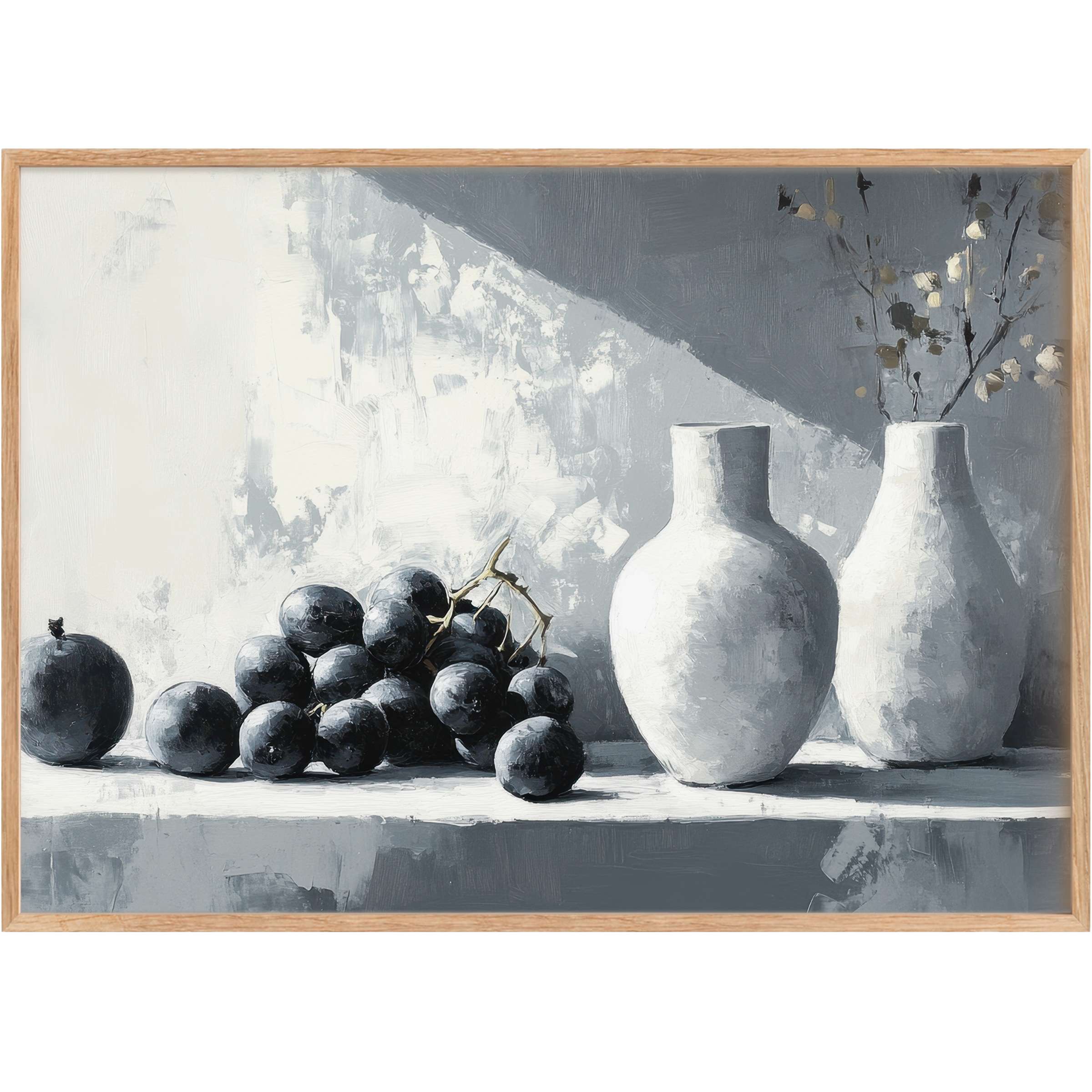 Neutral printable wall art featuring elegant monochrome grapes and vases, evoking a serene, timeless ambiance in soft grays