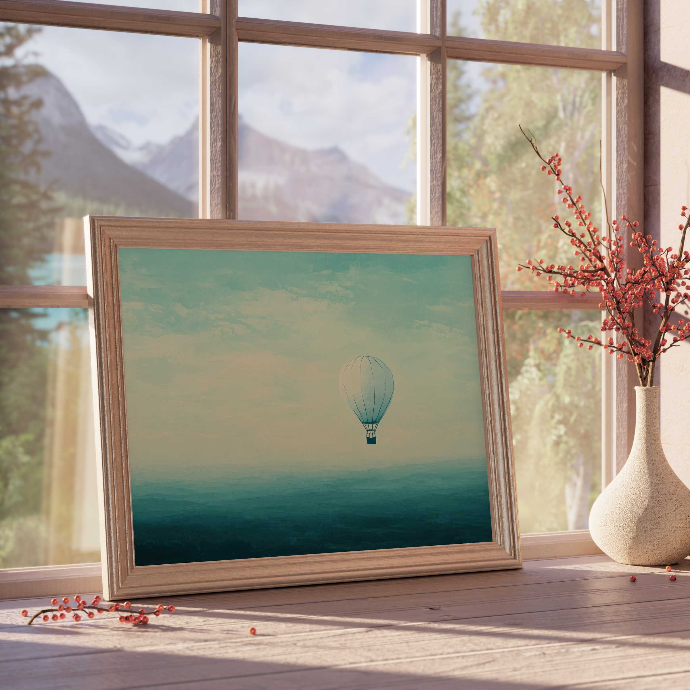 Minimalist downloadable art of a serene hot air balloon over calm blue horizons, elevating tranquil, curated interiors