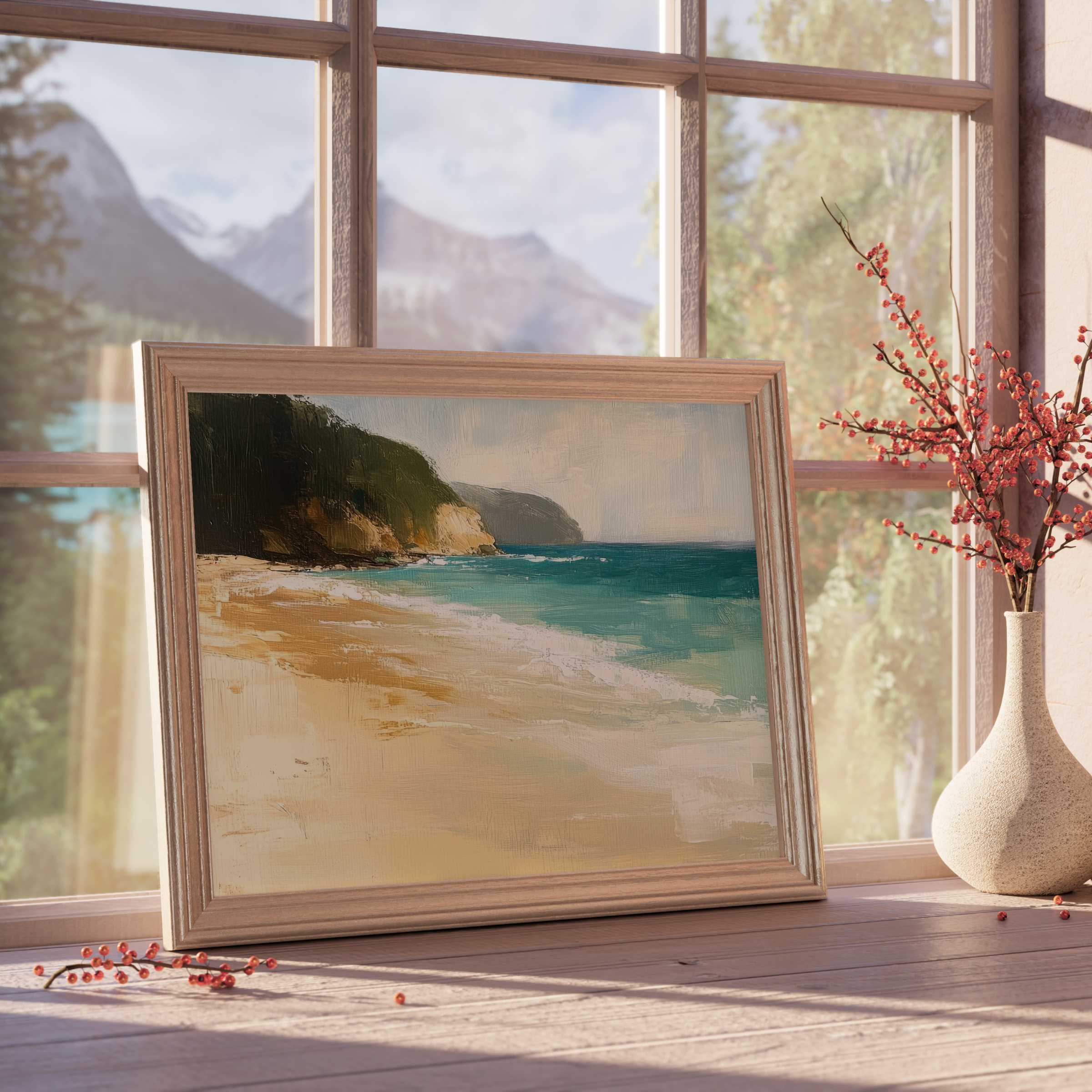 Tranquil beach downloadable art in soft hues, elevating serene coastal charm and warm elegance in curated, design-forward interiors