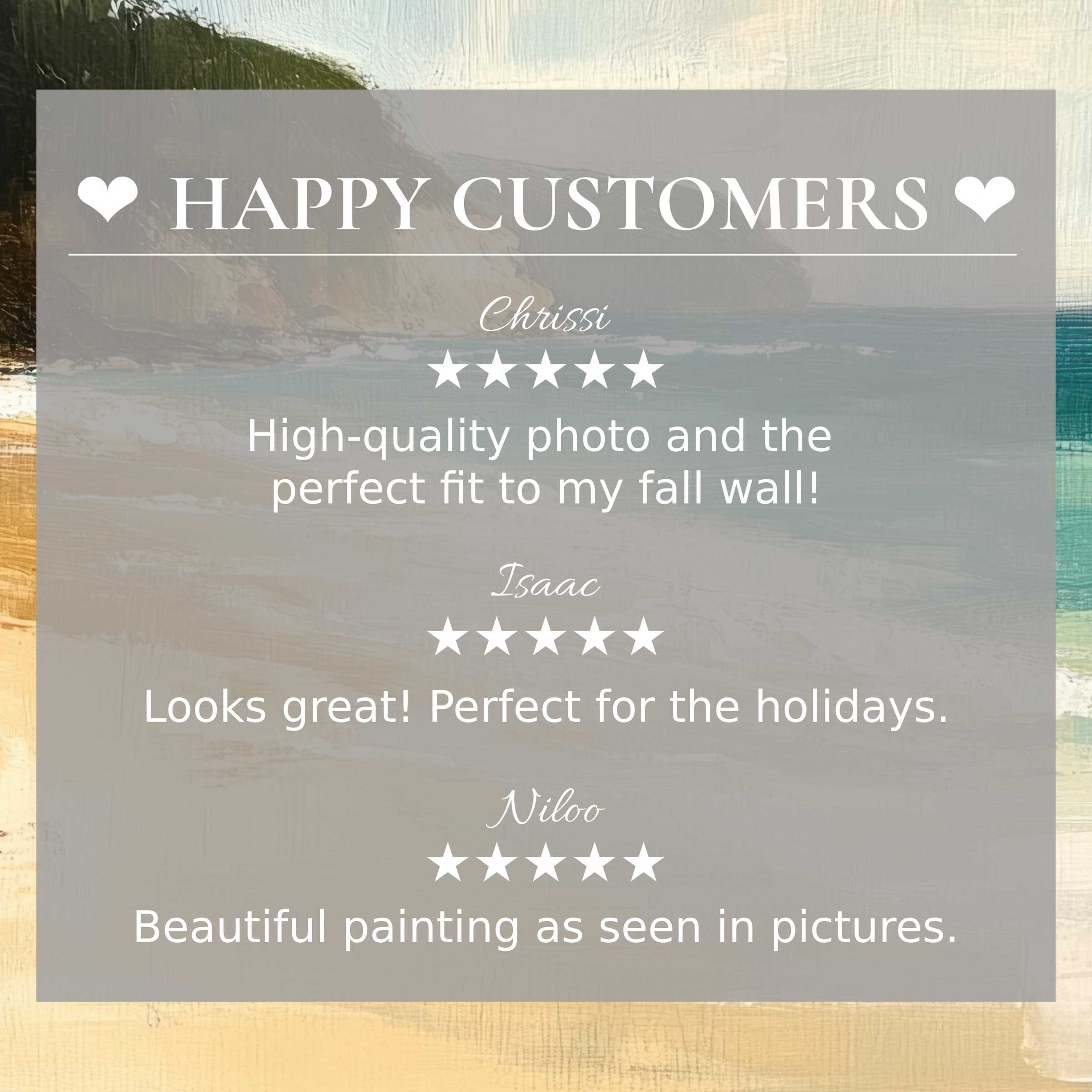 Beach art for Frame TV with abstract coastal hues, showcasing happy customer reviews and refined, trustworthy design