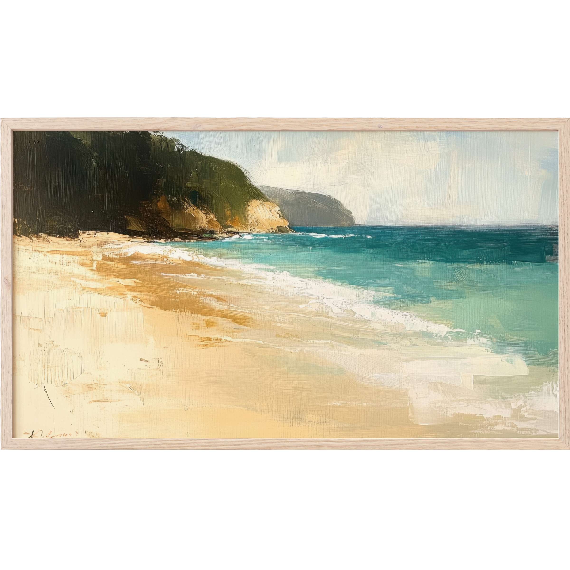 Serene coastal scene in soft sands, deep greens, and turquoise waves, perfect beach Frame TV Art for modern interiors