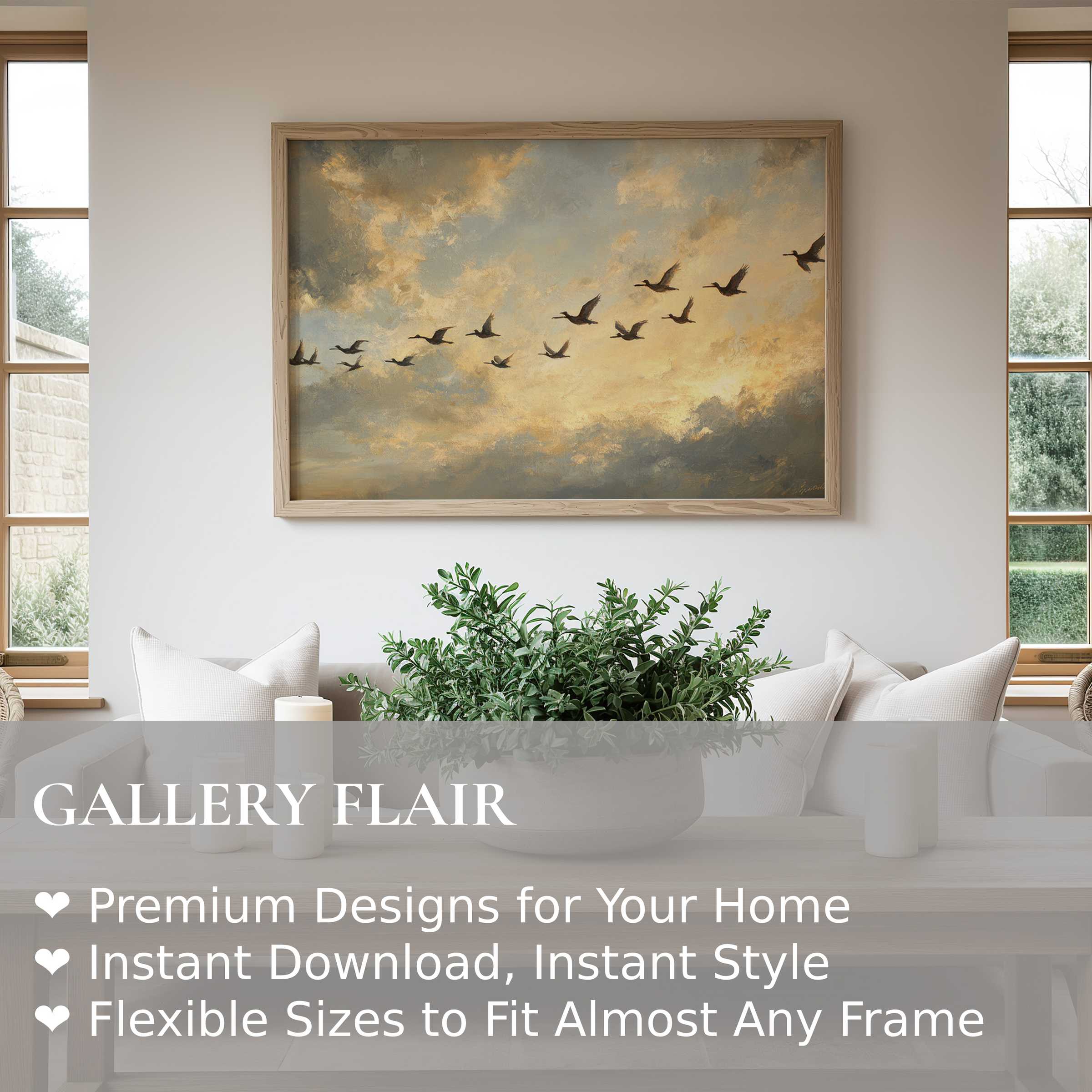 Vintage wall art print depicting a serene flock of birds in warm, radiant sunset skies, enhancing minimalist, natural modern interiors with calming elegance