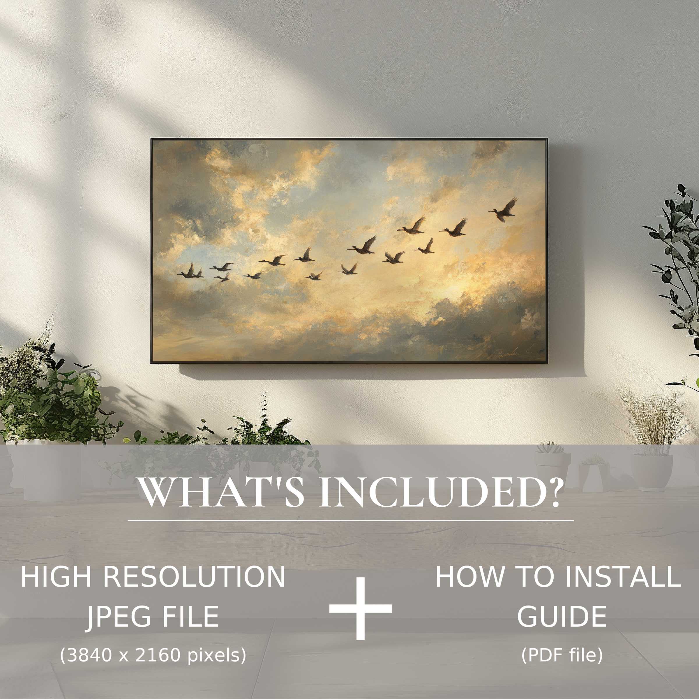 Elegant living room with vintage digital TV art download, easy to use, enhancing space with warm, serene sky imagery
