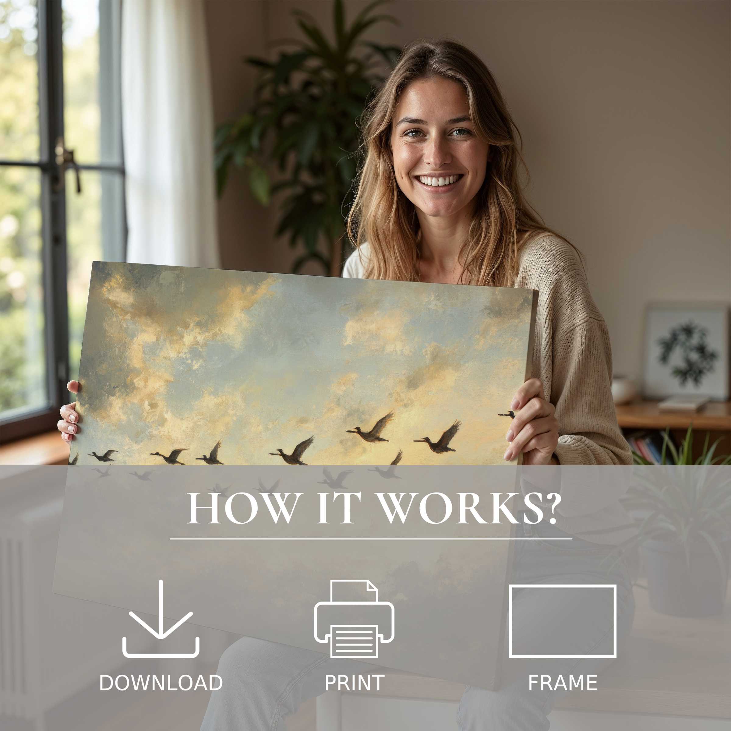A joyful woman in a serene modern home embraces a vintage digital art print of soaring birds, inviting warmth and effortless elegance