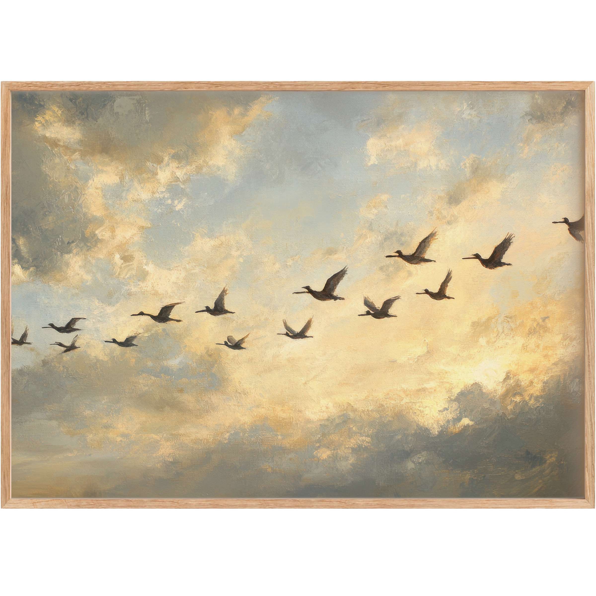 Vintage printable wall art capturing graceful birds in muted gold and slate blue hues, evoking a serene, timeless ambiance