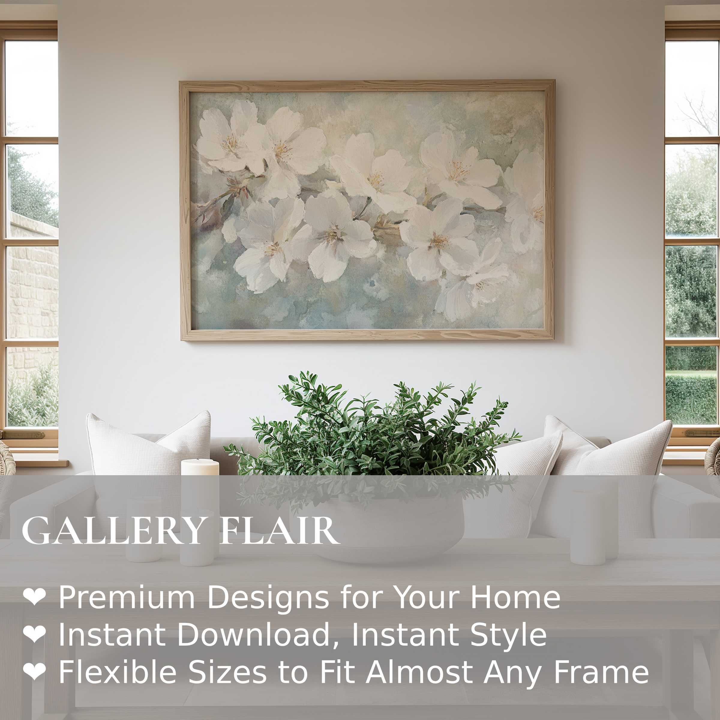 Elegant spring wall art print featuring serene white blossoms in soft pastels, enhancing modern minimalist interiors with calming, natural grace