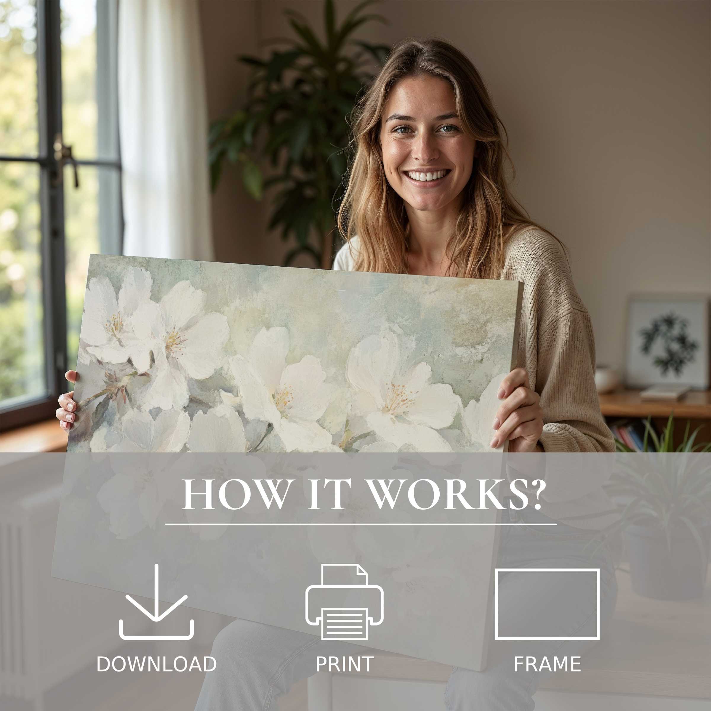 Radiant joy meets serene elegance in this spring digital art print, effortlessly transforming modern living spaces