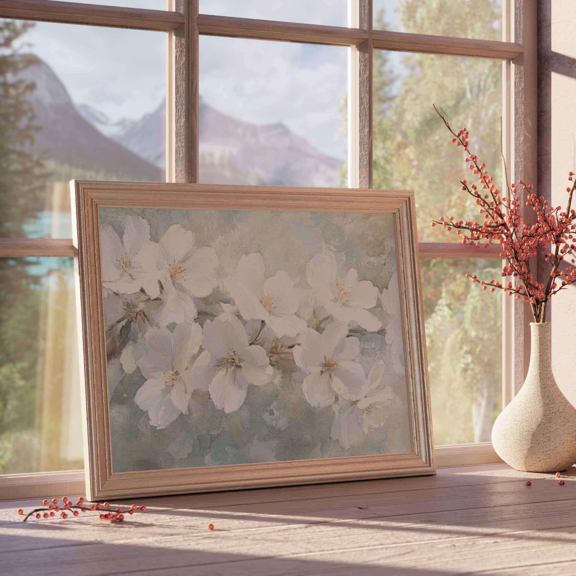 Delicate spring downloadable art featuring soft white blossoms in muted pastels, perfect for serene, curated interiors