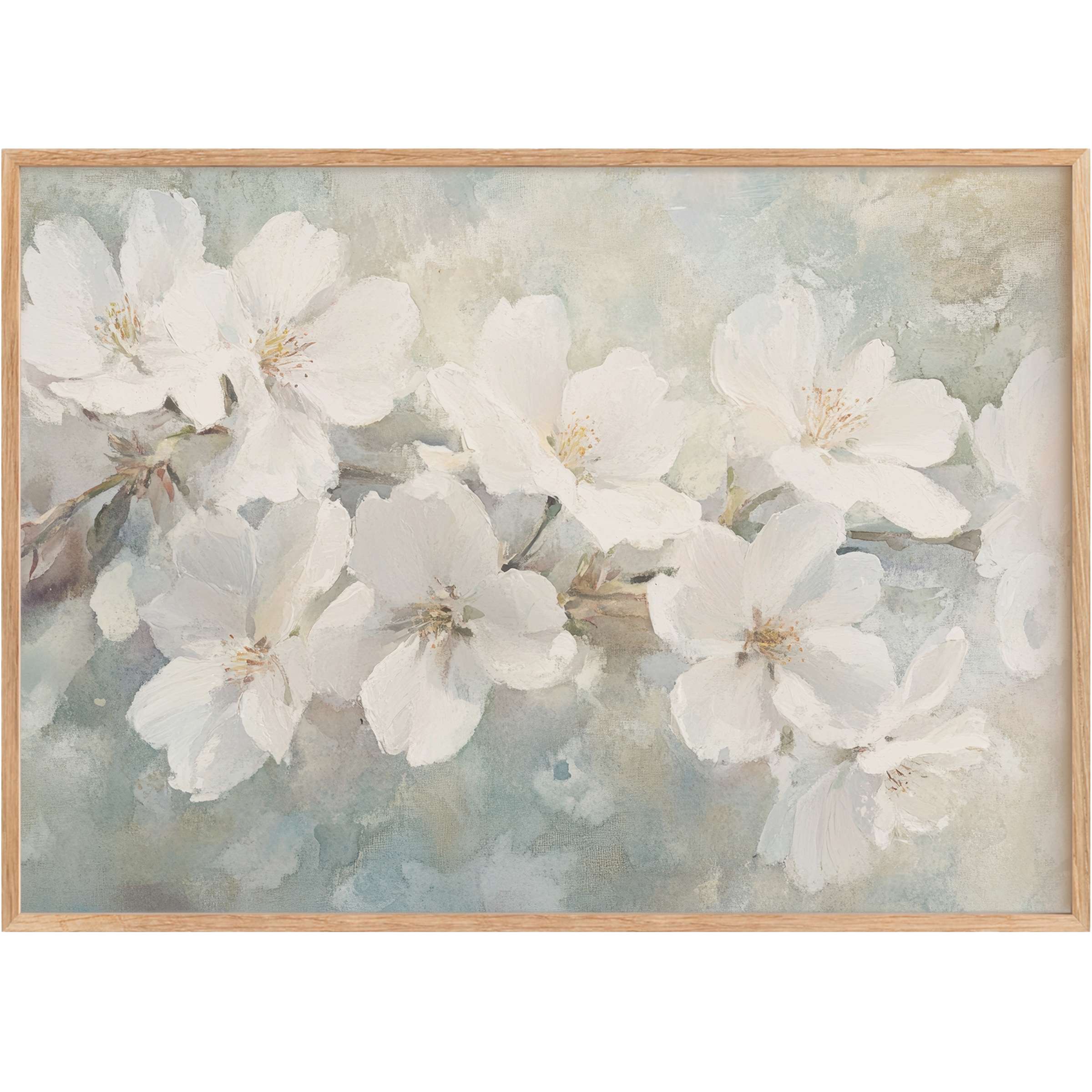 Elegant spring printable wall art featuring delicate white blossoms on soft blue-gray tones, evoking a serene, airy ambiance
