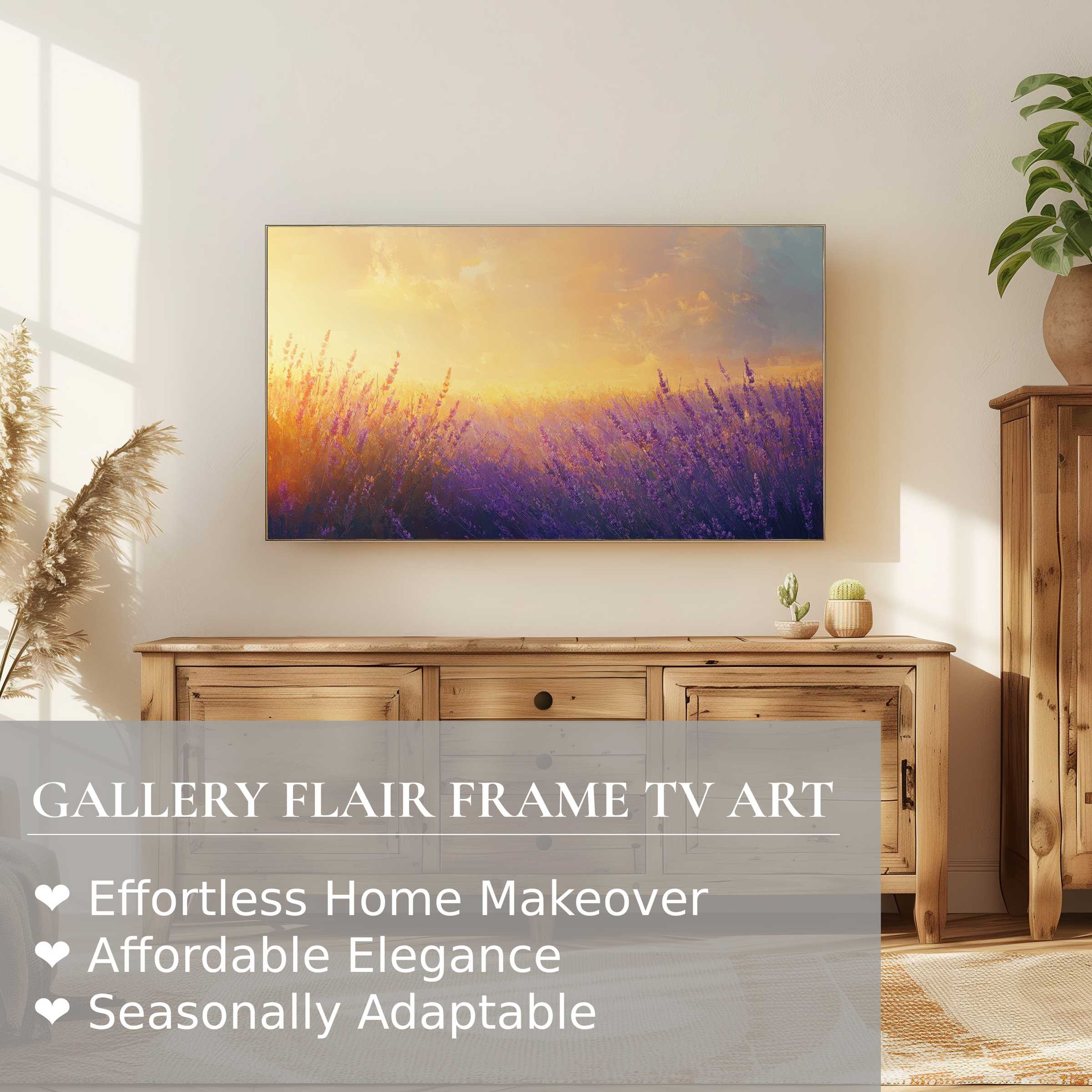Samsung Frame TV displaying elegant summer digital artwork of lavender fields at sunset in modern room