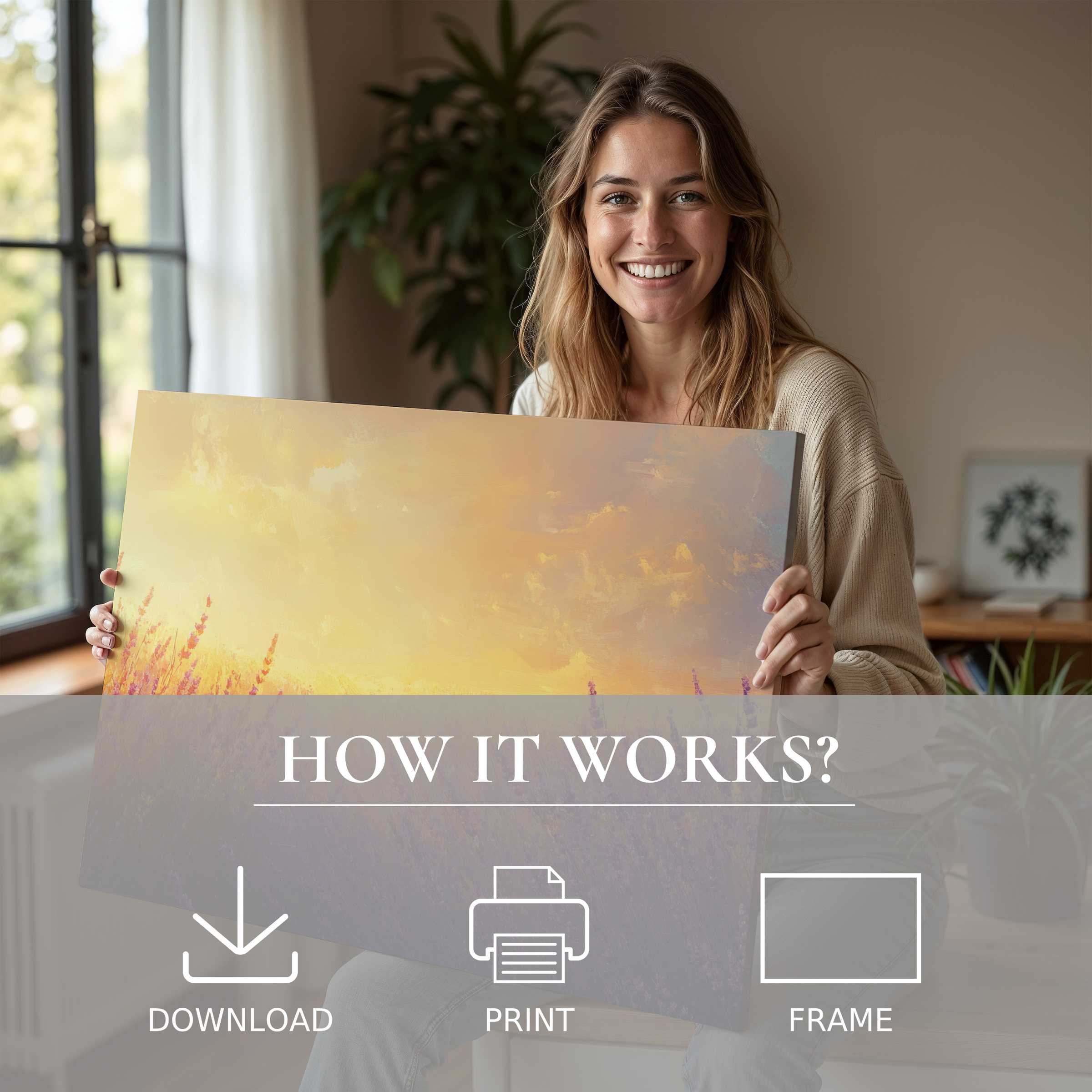 Radiant summer digital art print embraced in a chic modern home, evoking warmth, joy, and effortless elegance