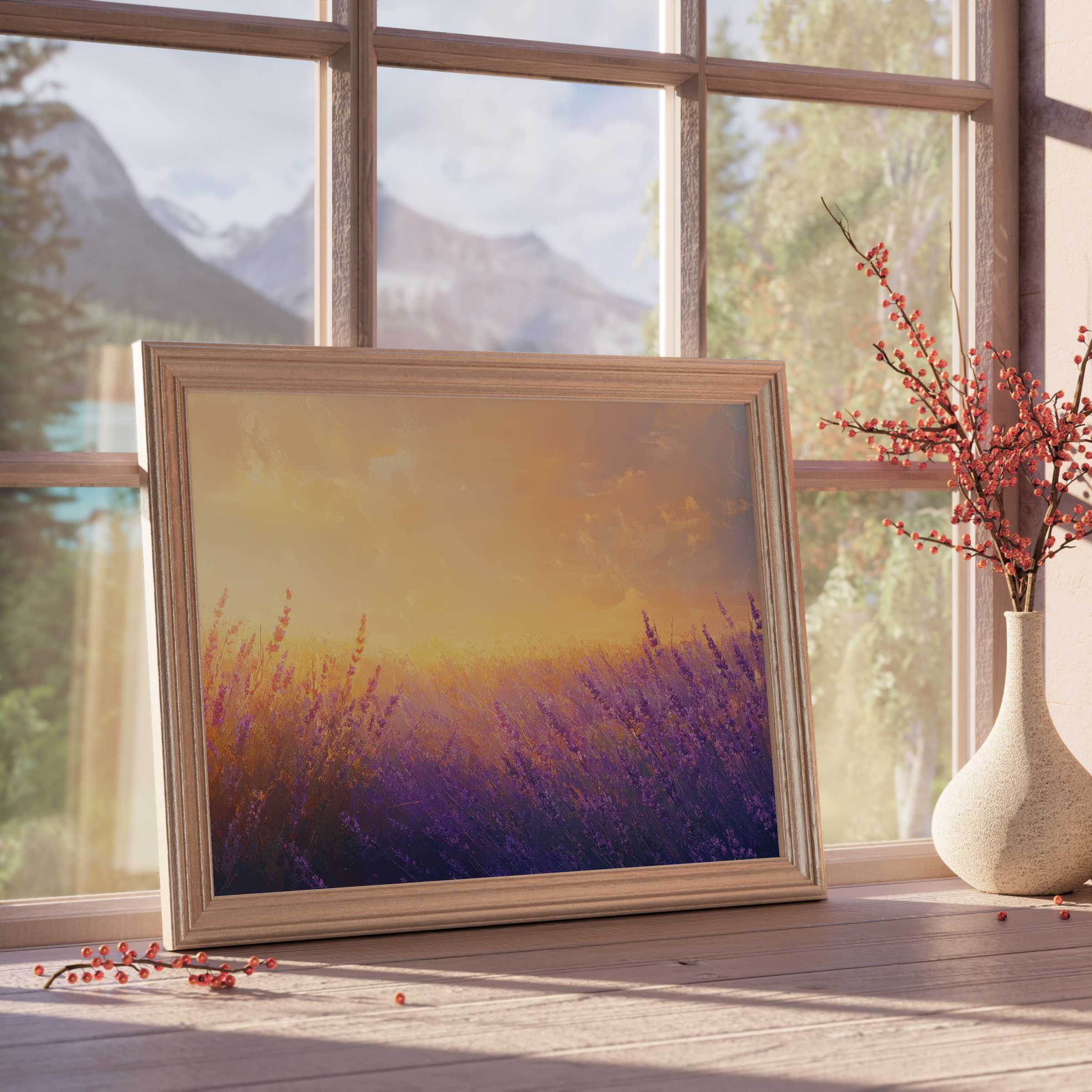 Summer downloadable art capturing a serene lavender field bathed in golden sunset light, elevating tranquil, refined interiors