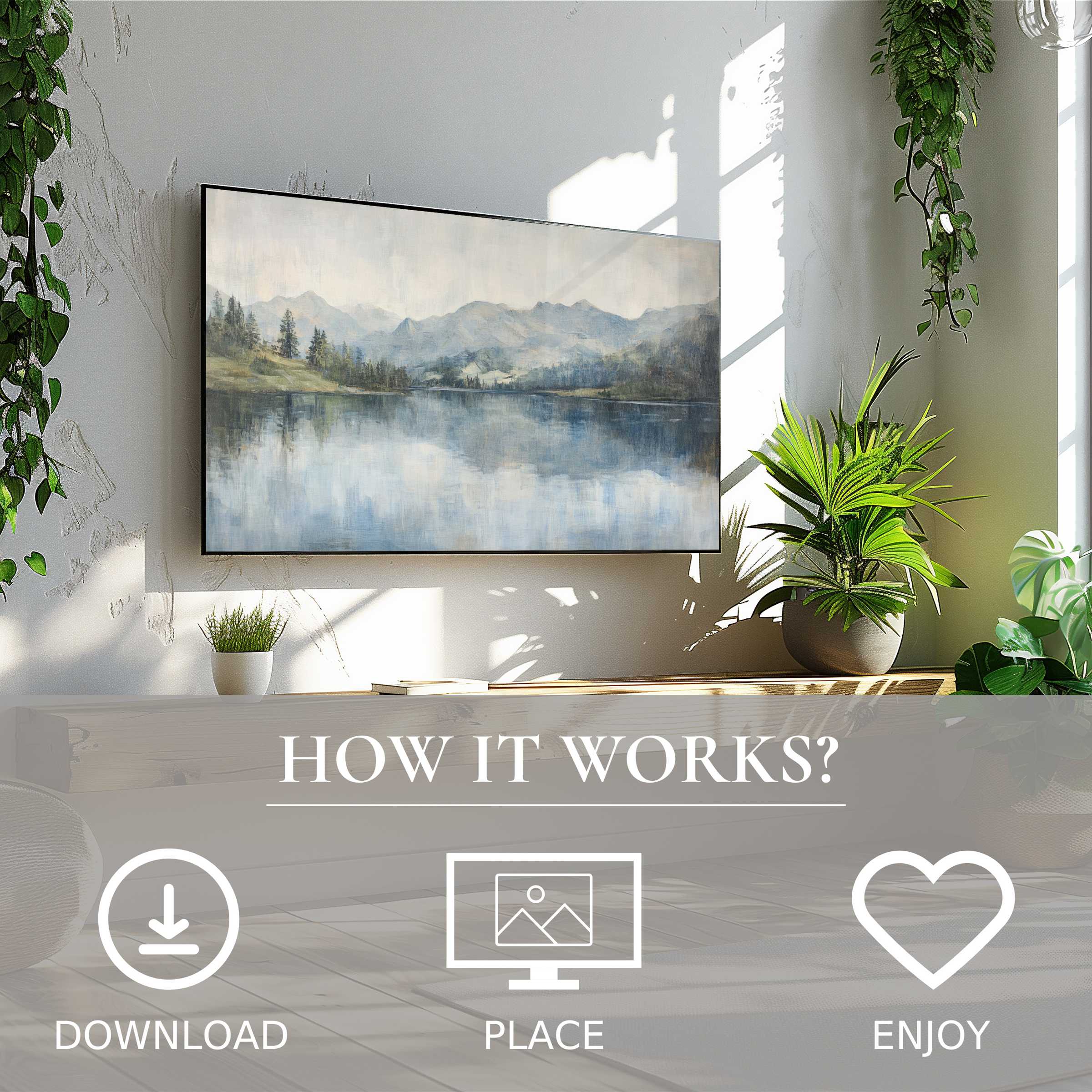 Modern living room with landscape art for Samsung TV showing soft sunset tones; easy digital download enhances any space