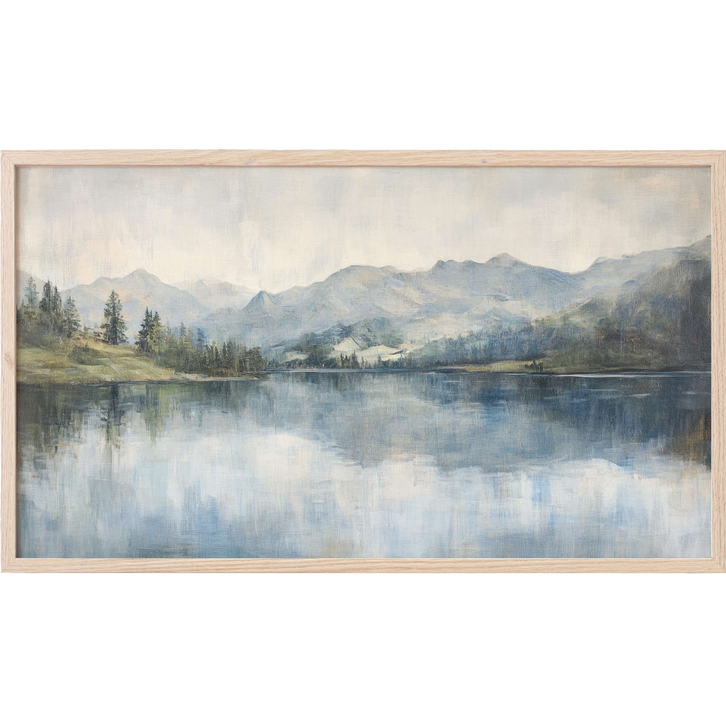 Serene mountain lake scene in muted blues and greys, embodying chic tranquility for landscape Frame TV Art