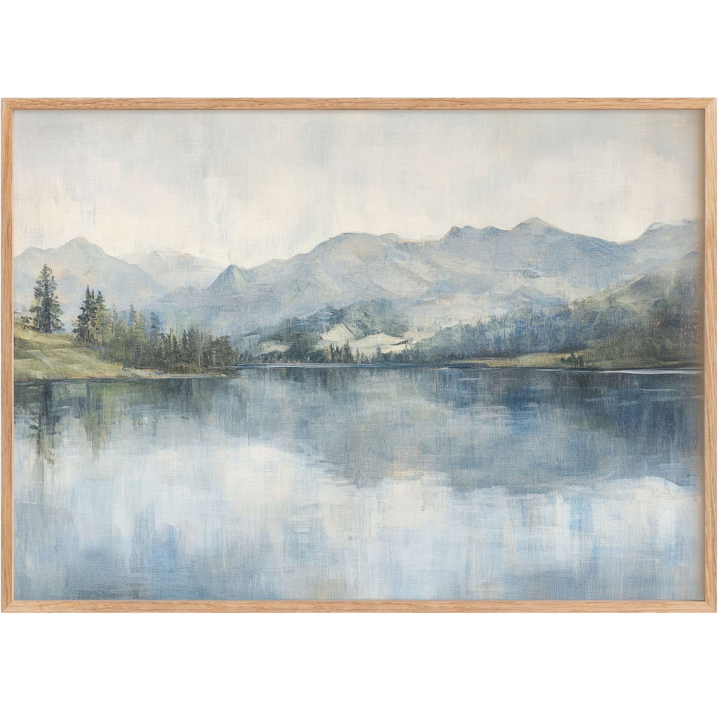 Serene landscape printable wall art with misty blue mountains and soft reflections, evoking calm and timeless elegance