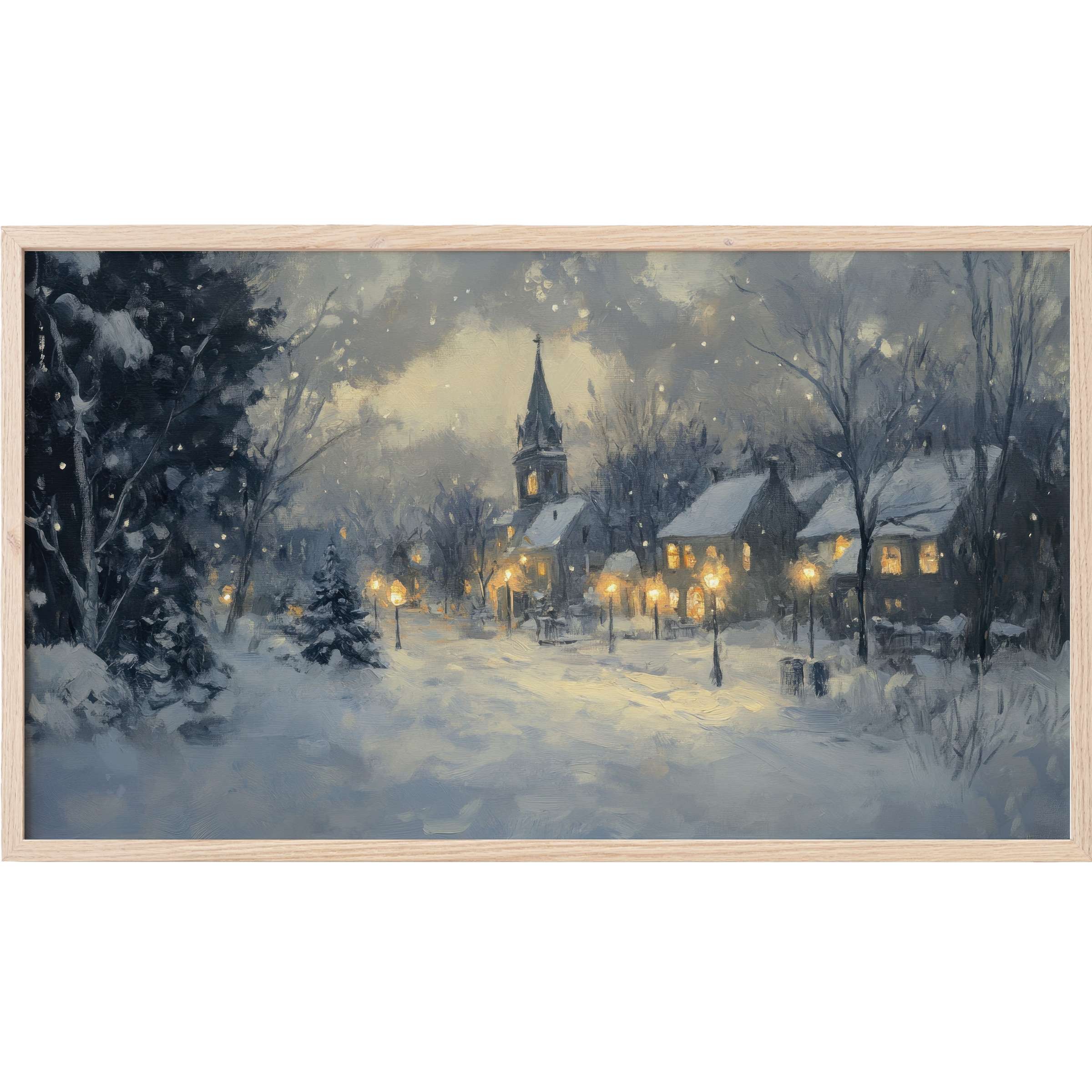 Elegant winter village scene with warm lights and muted blues, perfect christmas Frame TV Art for refined decor