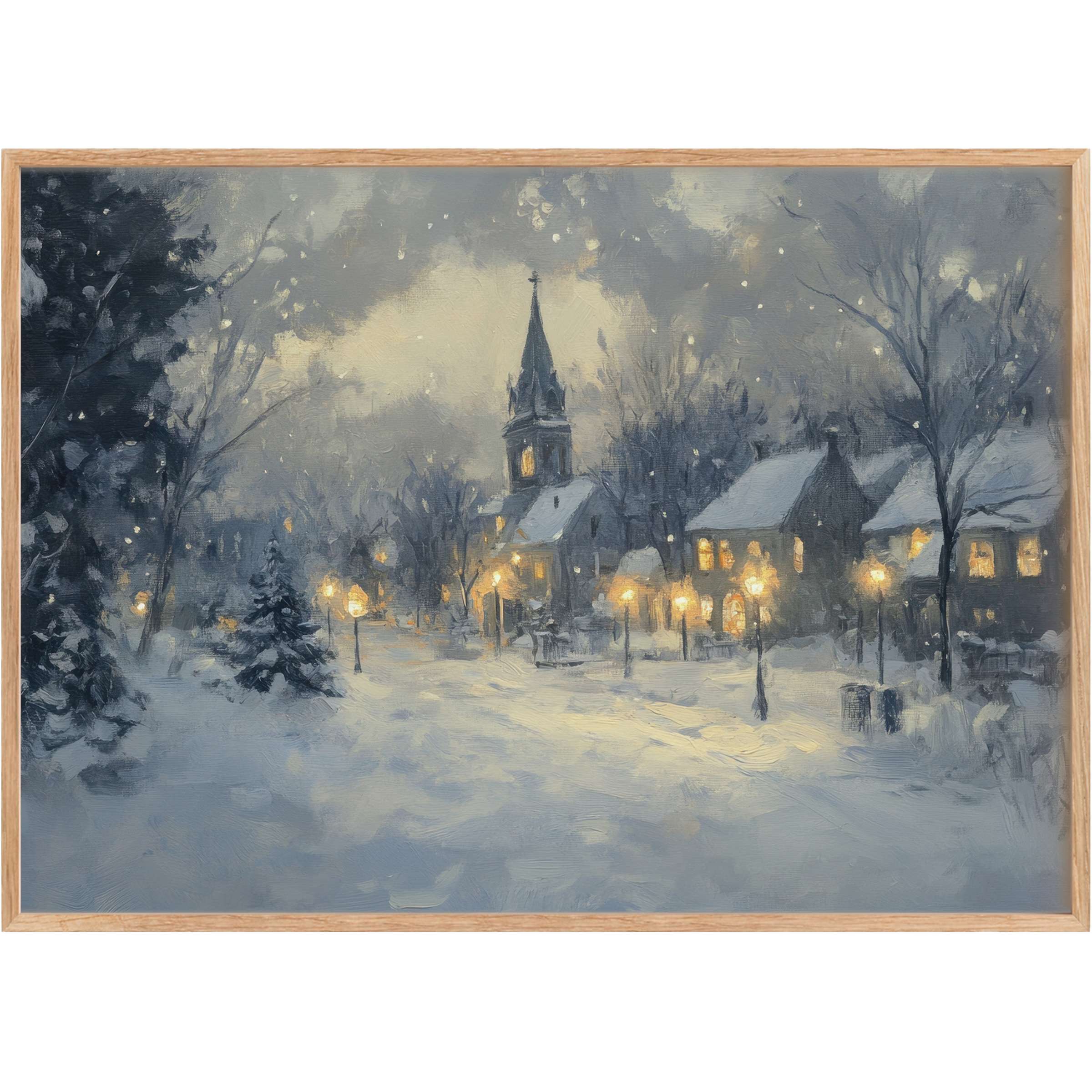 Snow-kissed village aglow with warm lamplight, evoking a serene, timeless charm in Christmas printable wall art
