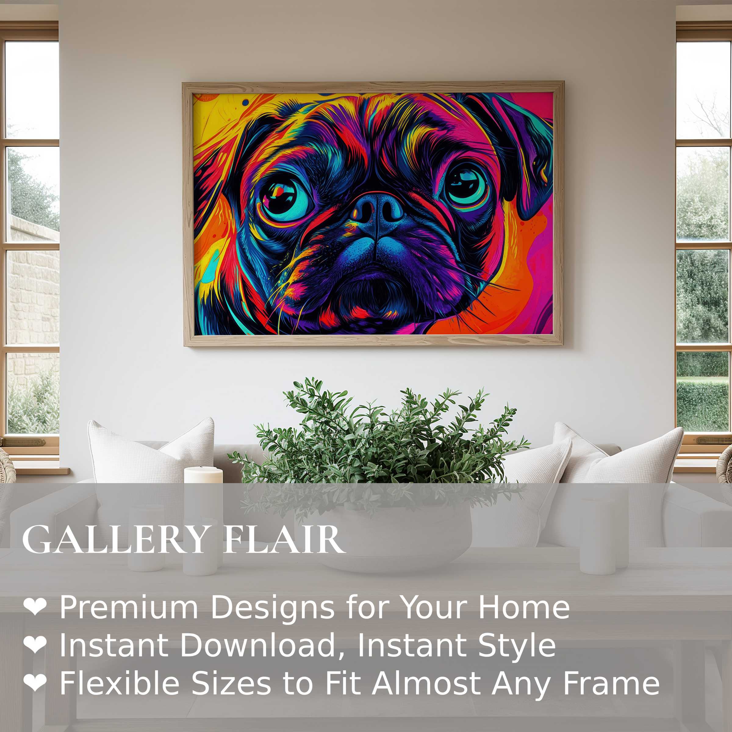 Vibrant pop art wall art print of a pug in electric hues, radiating bold energy and charm to uplift modern, serene living spaces