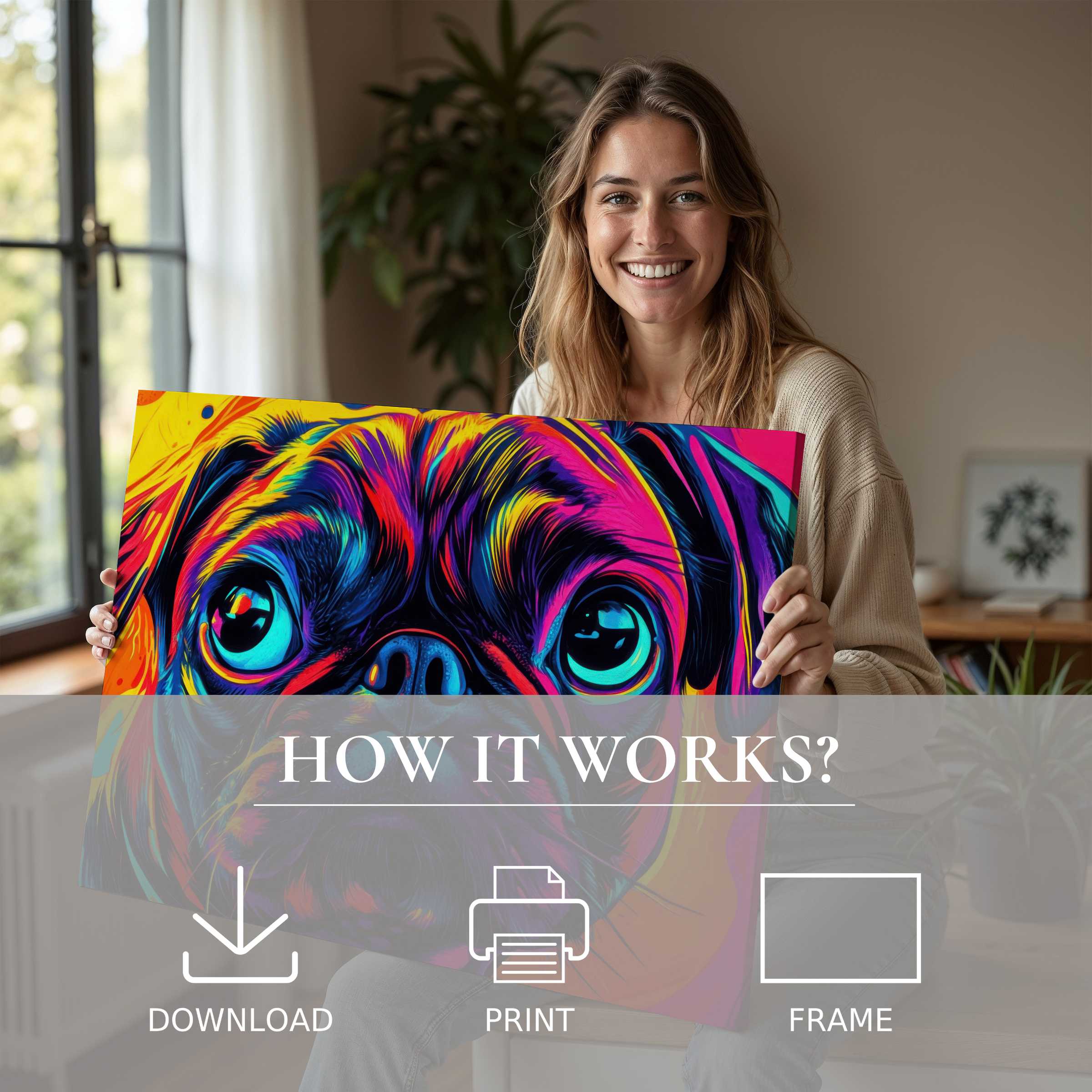 Bright pop art digital art print embraced in a modern home, evoking joy and effortless elegance in curated living spaces